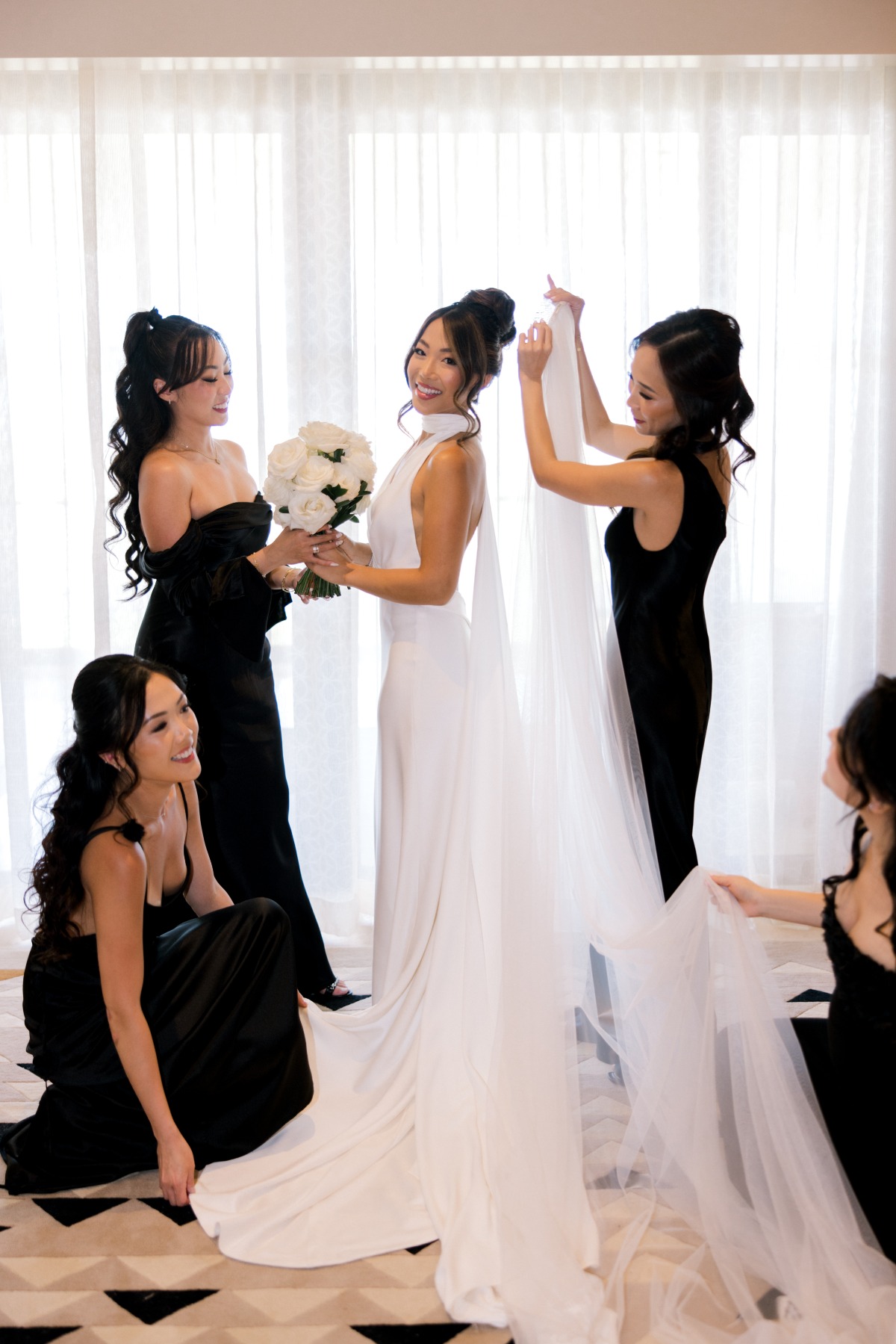 bridesmaids in black dresses