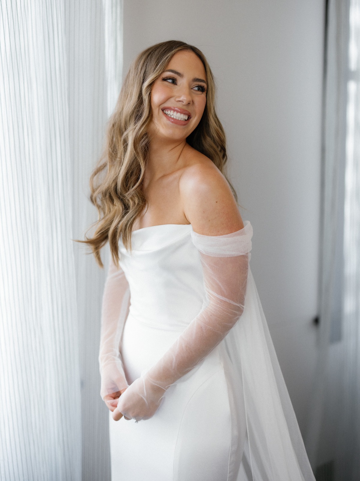 bhldn wedding dress with off the shoulder sleeves