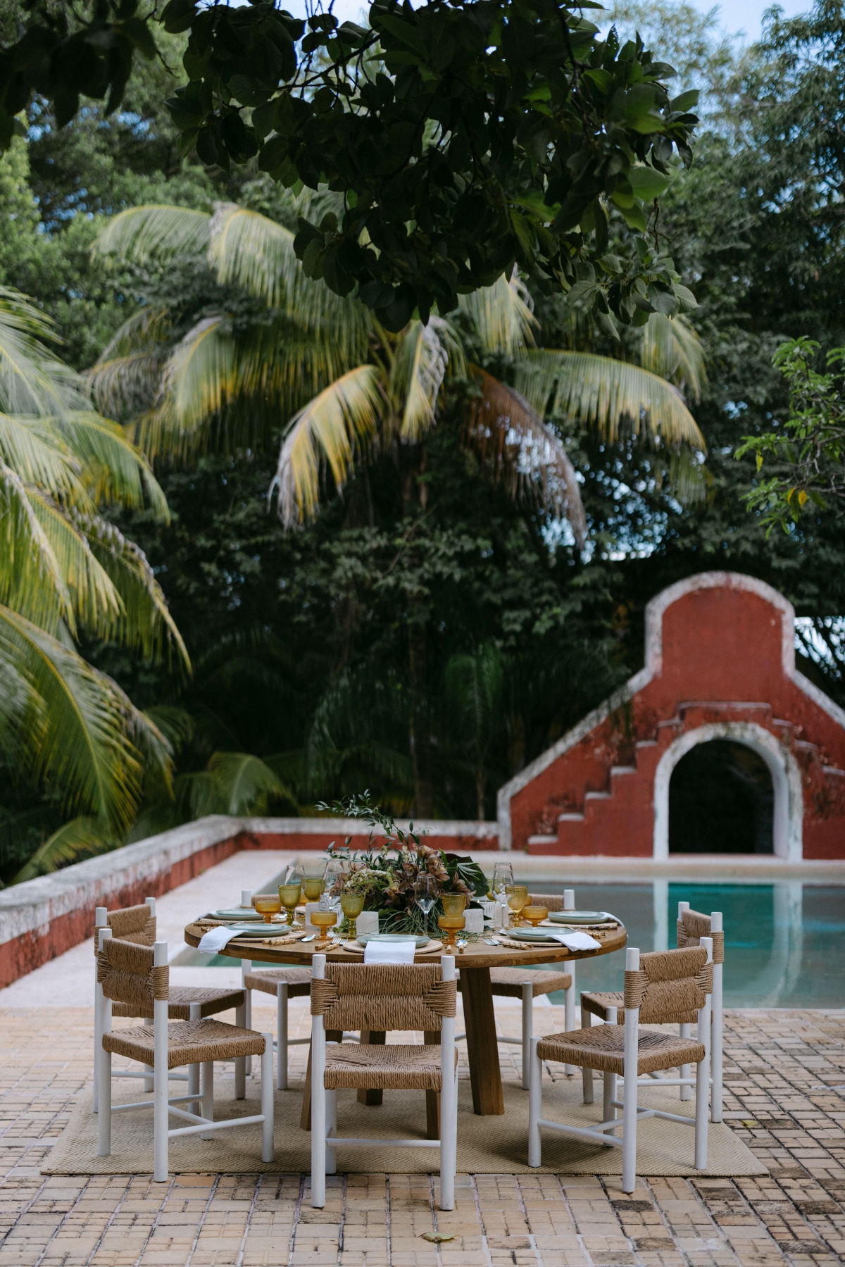 tropical poolside tables for wedding cocktail hour