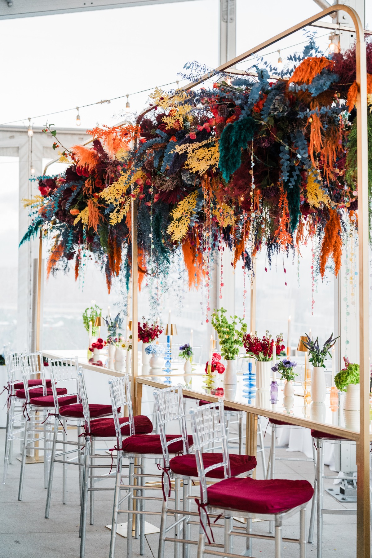 rainbow hanging floral installation