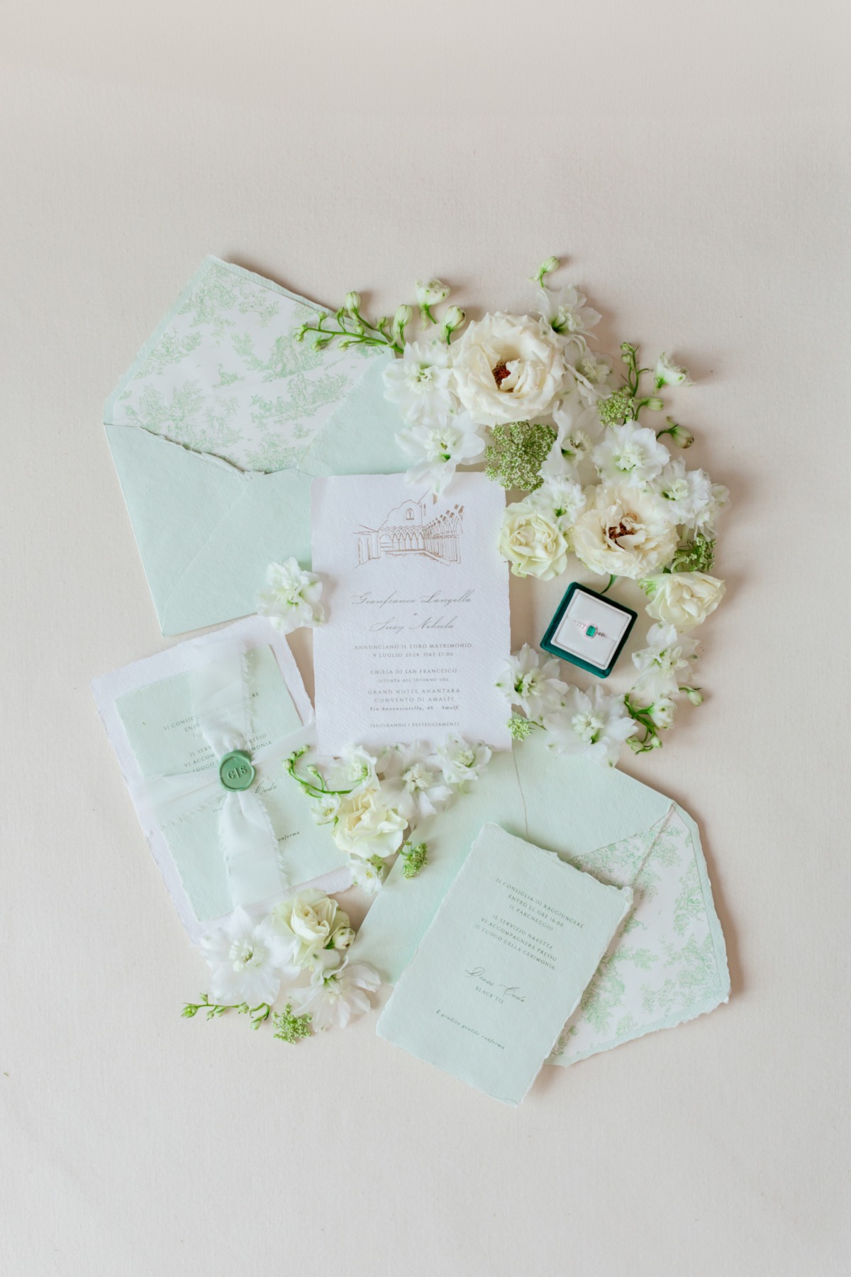 light blue light green wedding invitations with copper writing