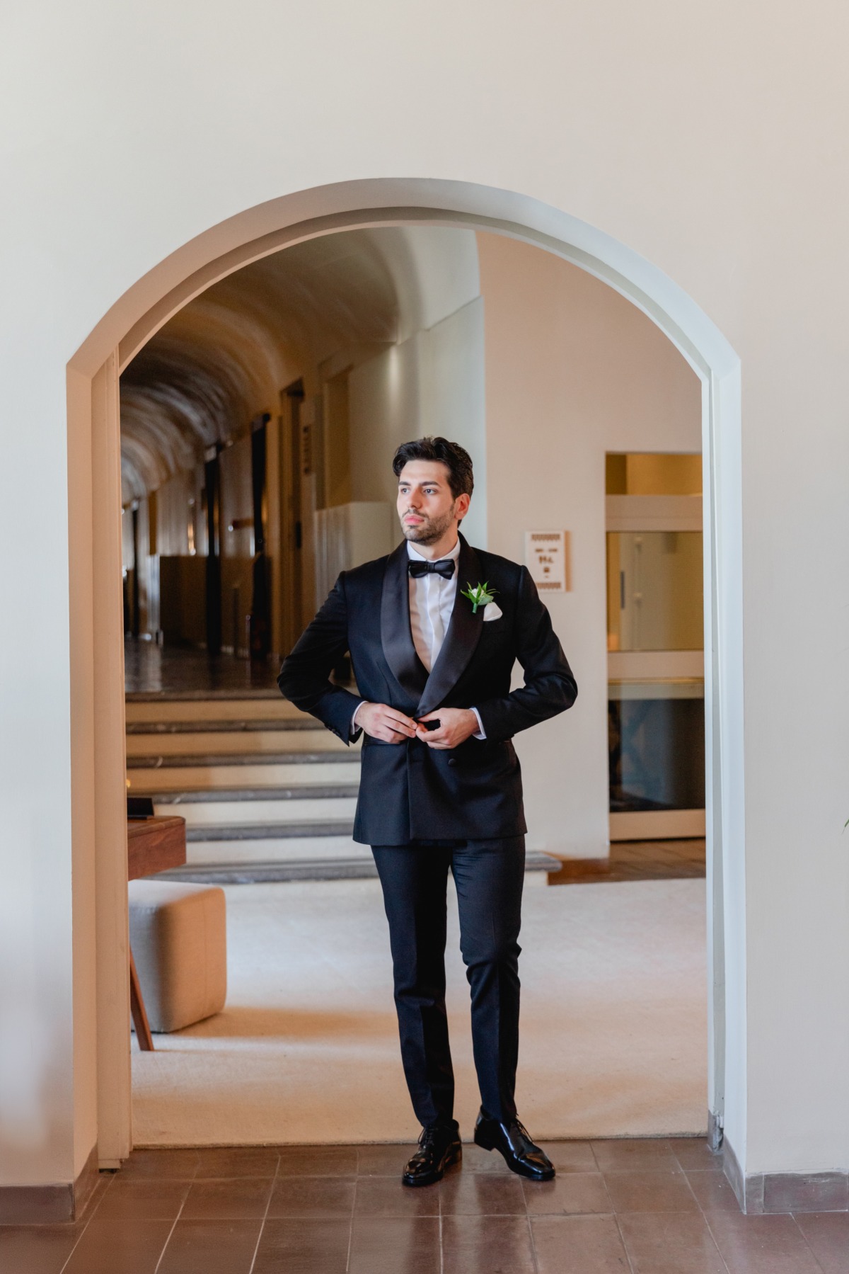 classic black tie attire for the groom