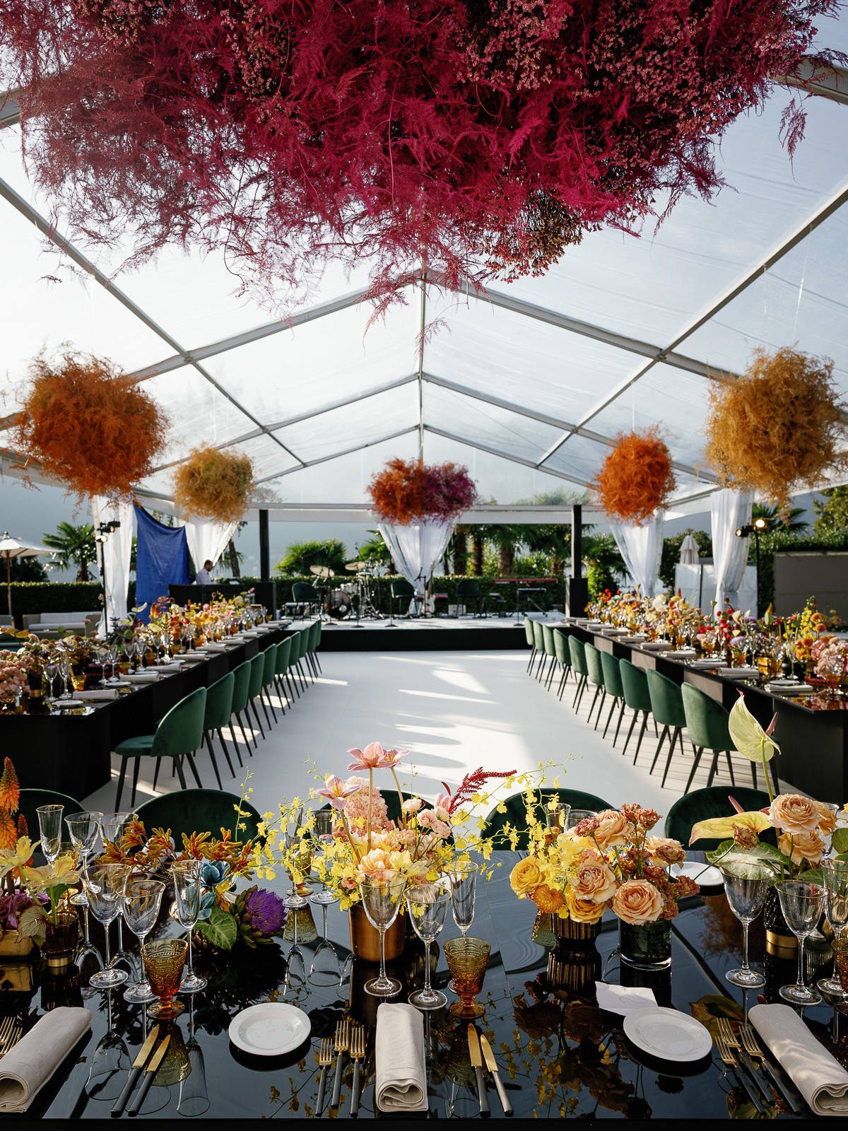 colorful clouds of florals for wedding reception