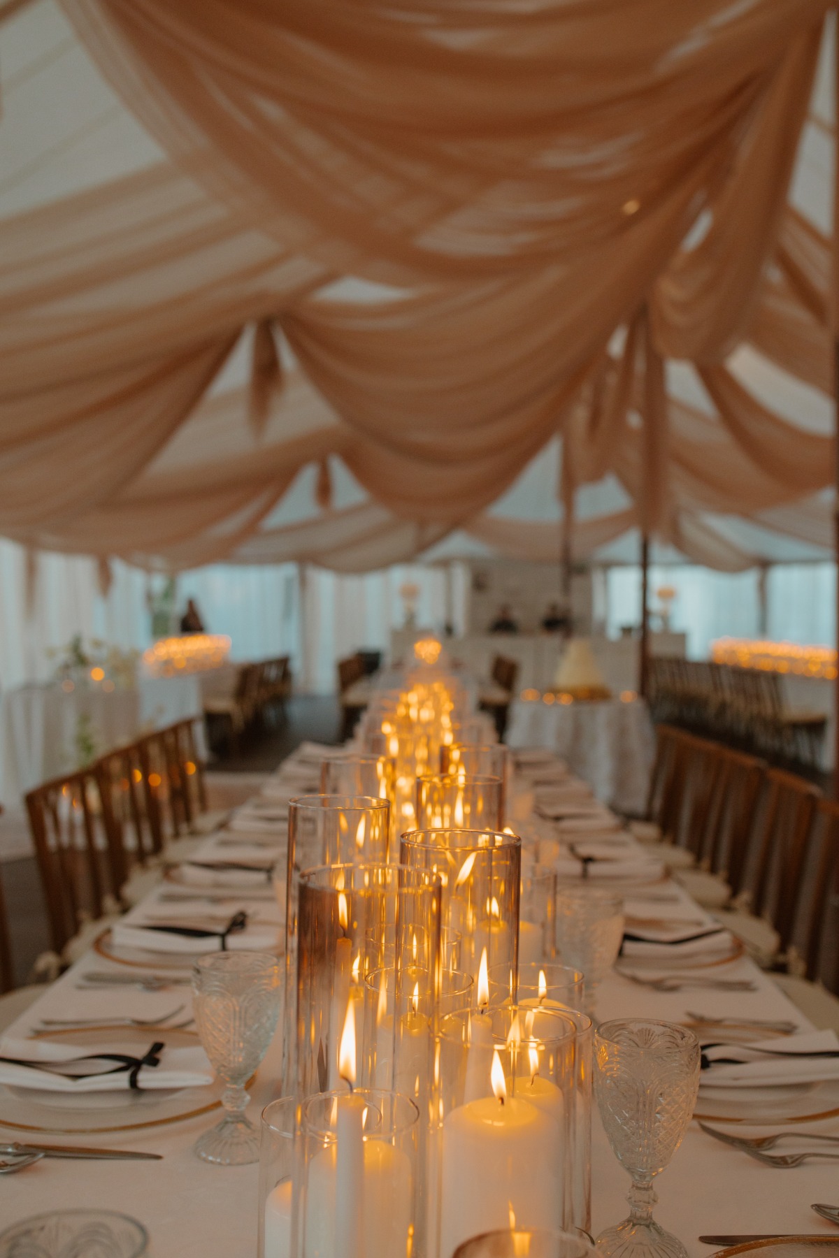 champagne draped wedding reception