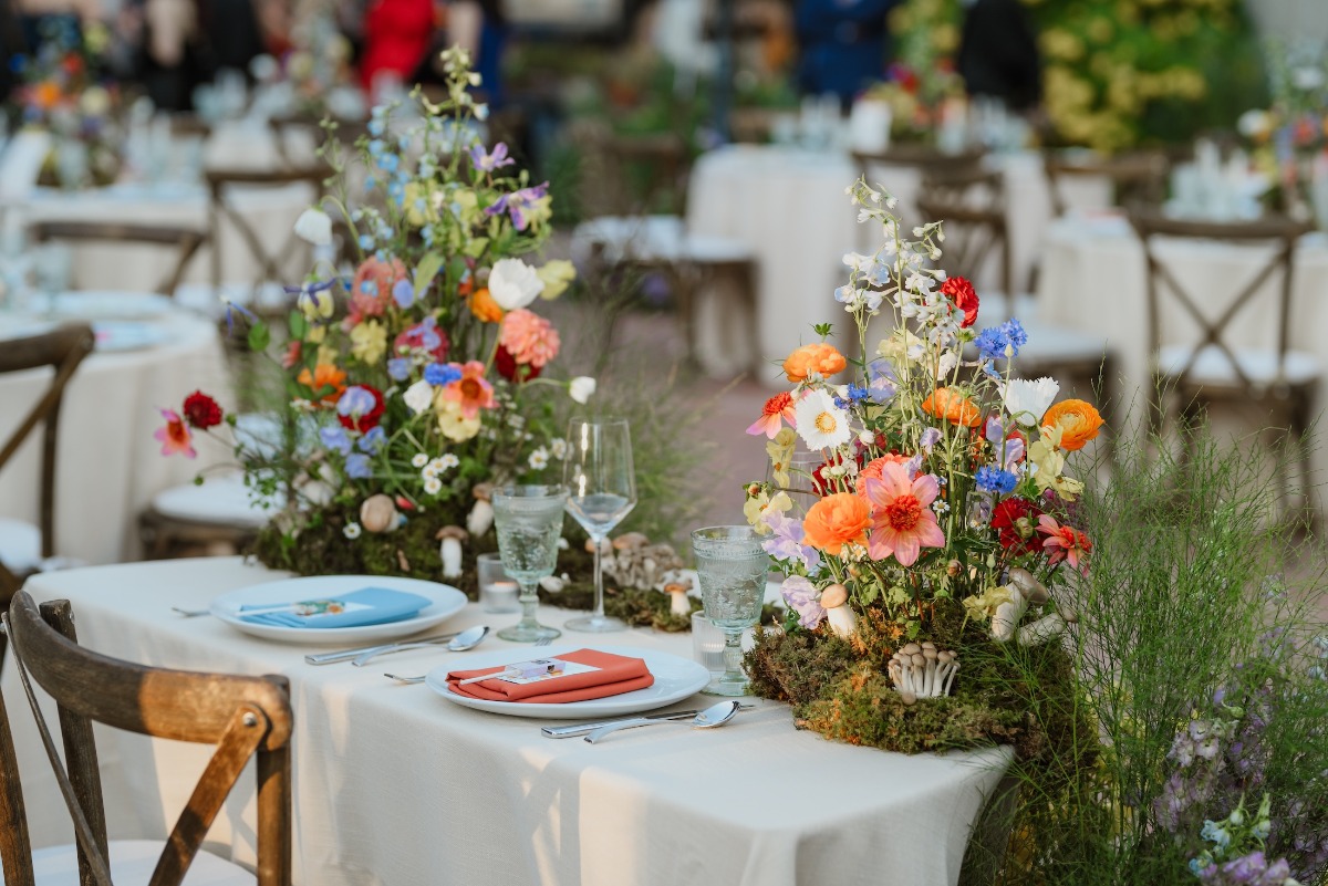 colorful woodland wedding flowers