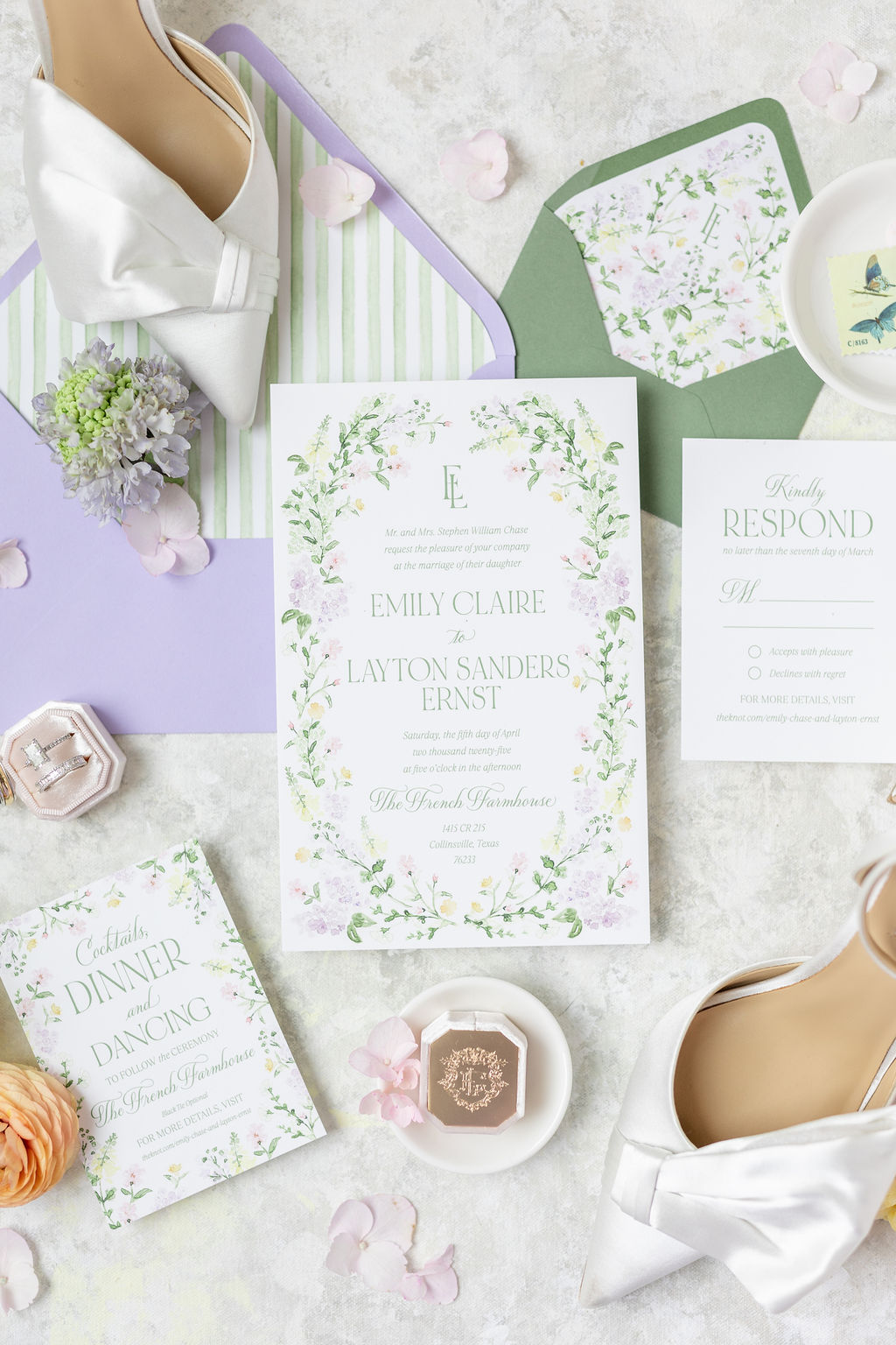 green and lavender wedding invitations