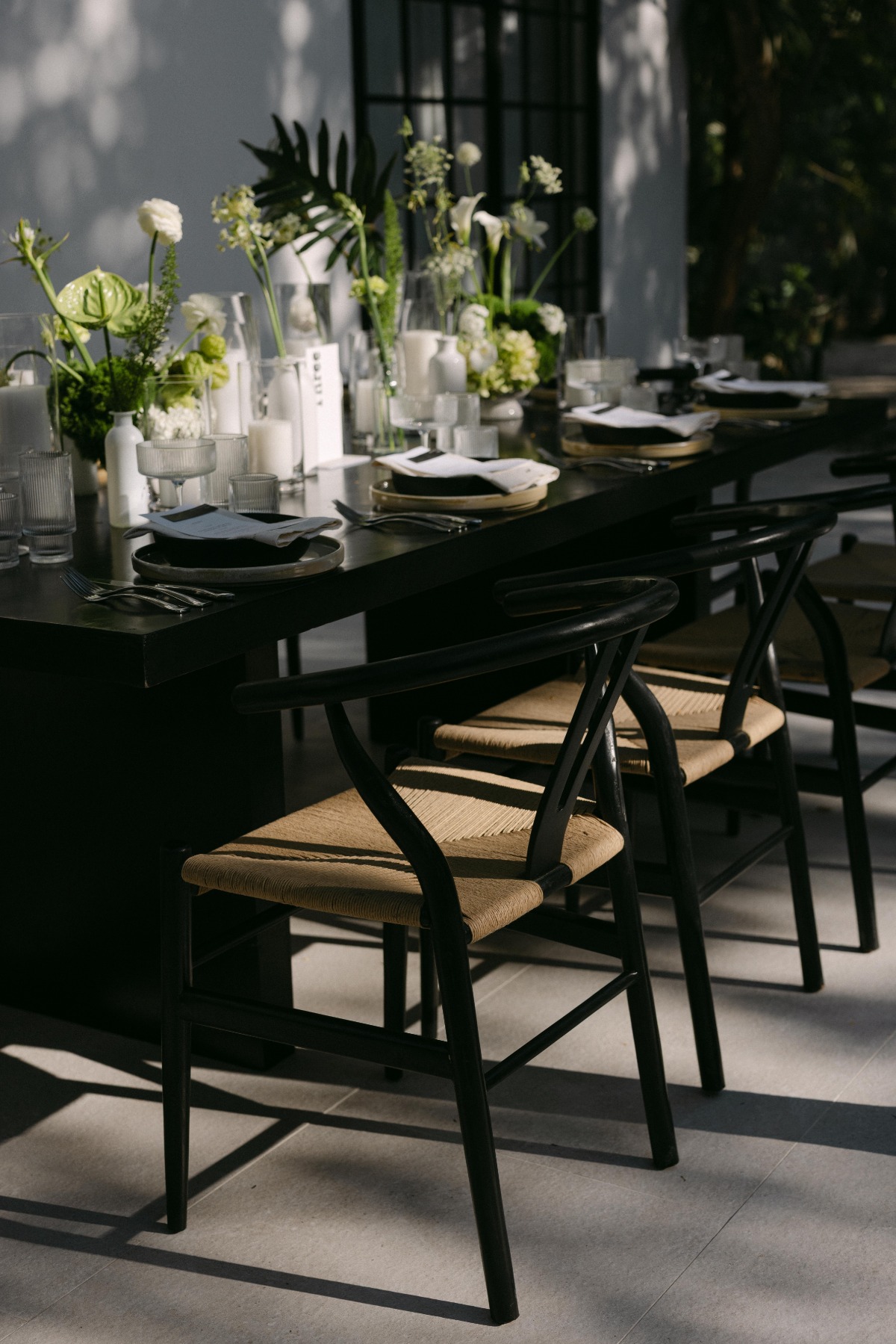 black and white tropical wedding reception