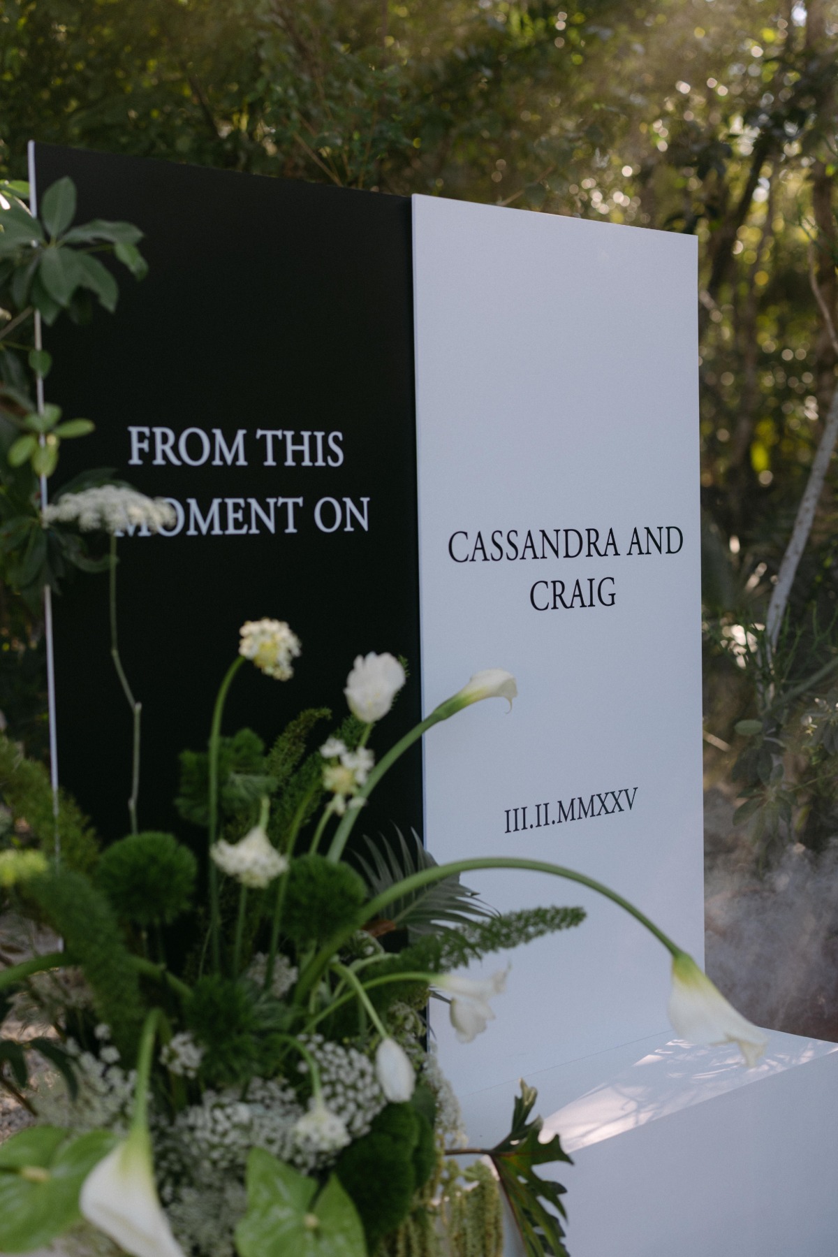 black and white wedding sign