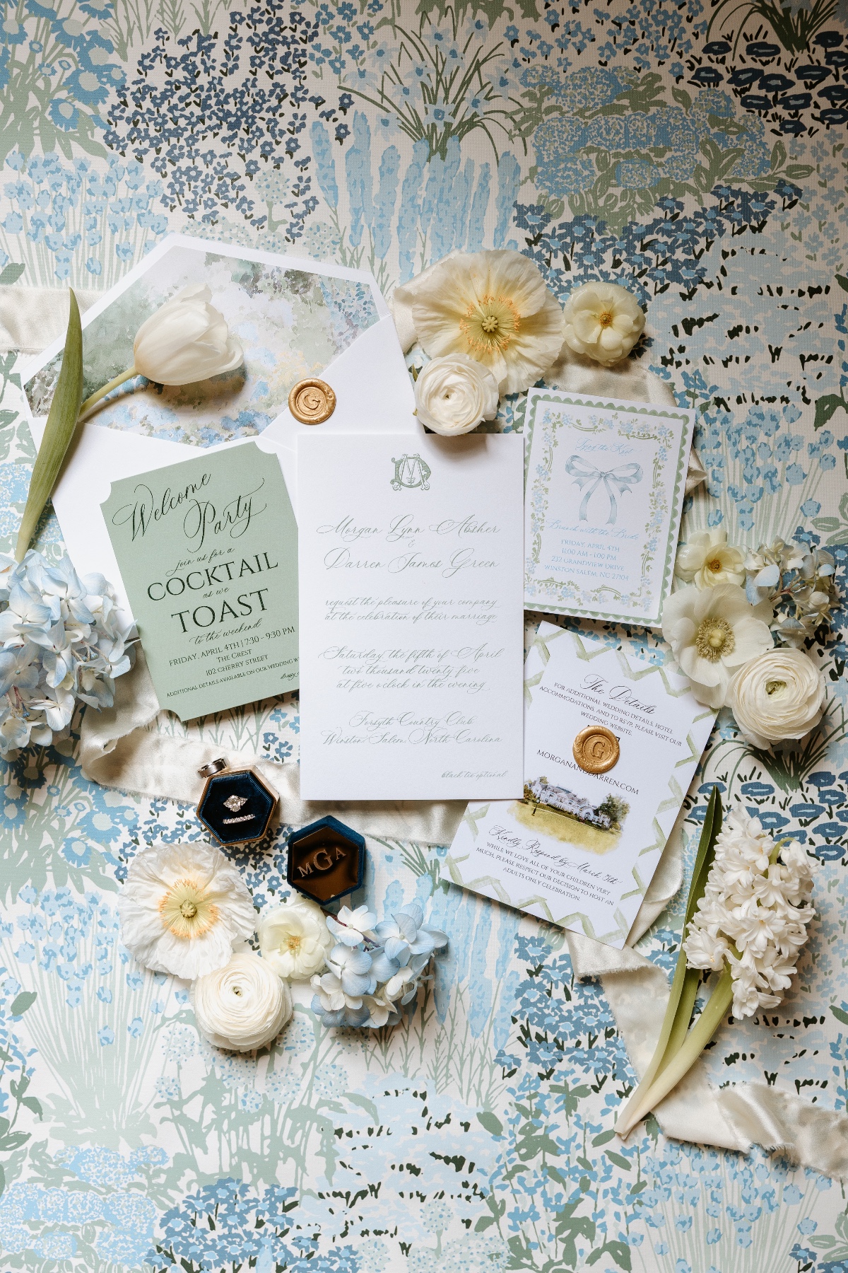 blue white and sage wedding invitations