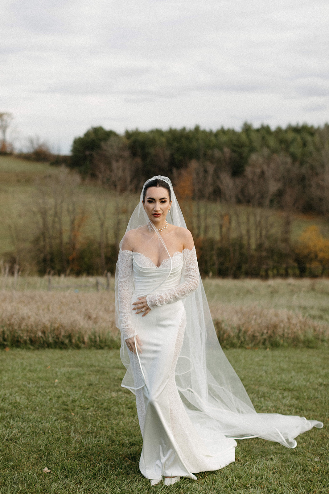 scalloped strapless long sleeve wedding dress