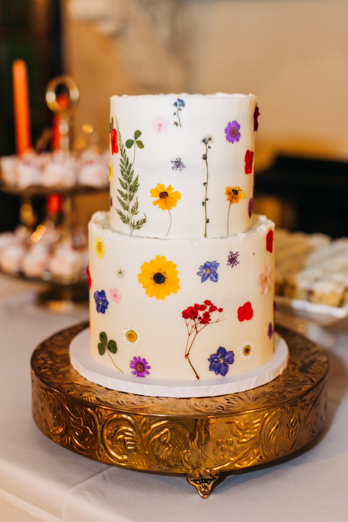 pressed wildflower wedding cake