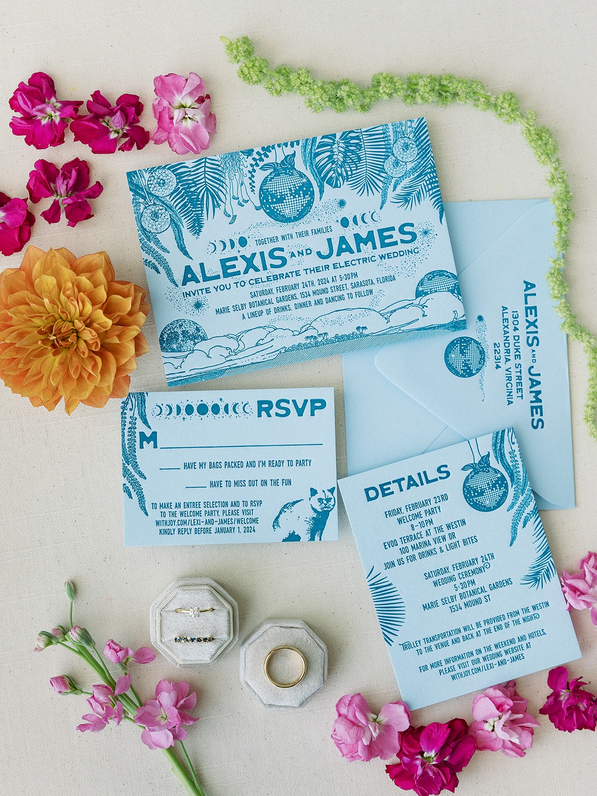 blue tropical disco wedding invitations