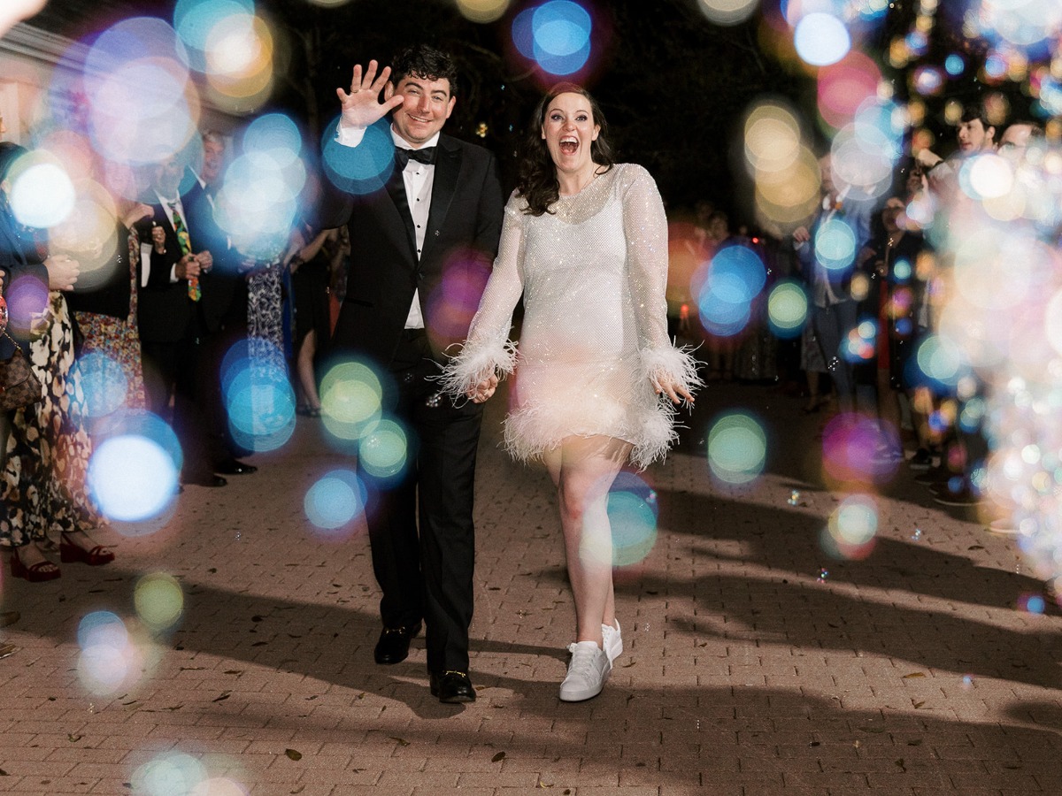 feather trimmed reception dress for bride