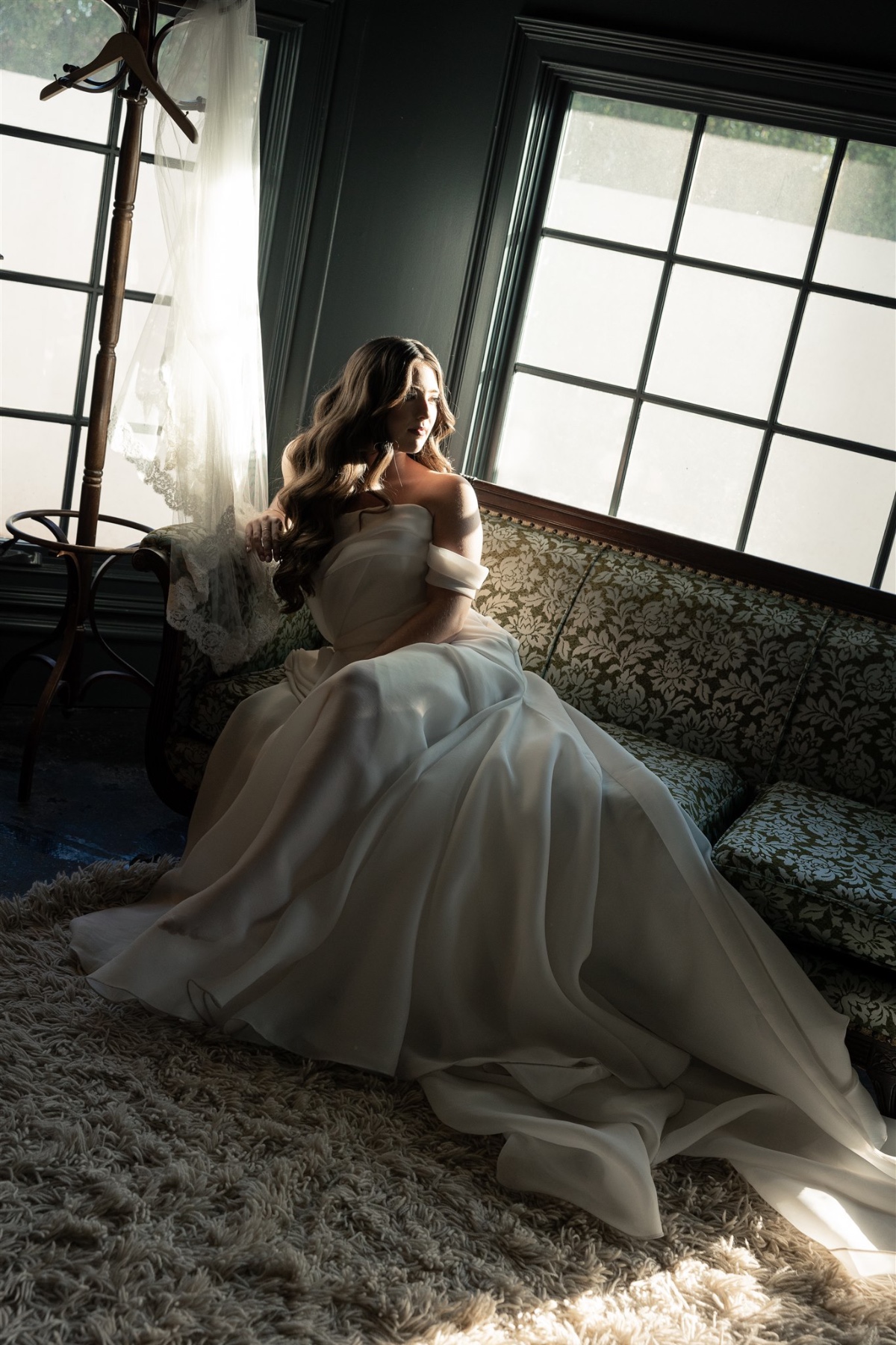 off the shoulder drapey wedding dress
