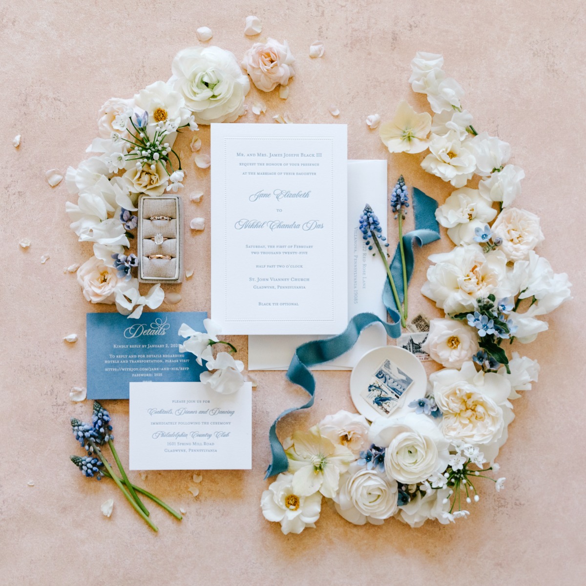 romantic wedding invitation flat lay