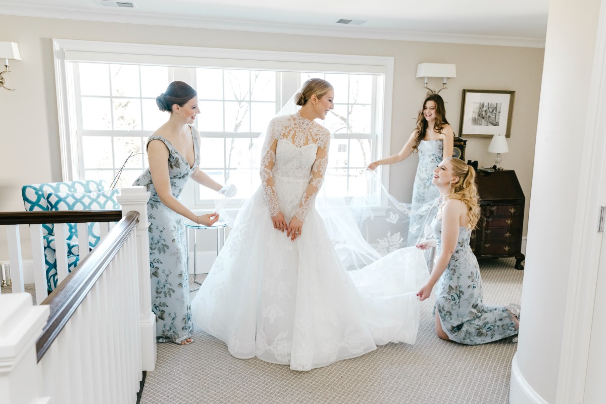blue floral printed bridesmaid dresses