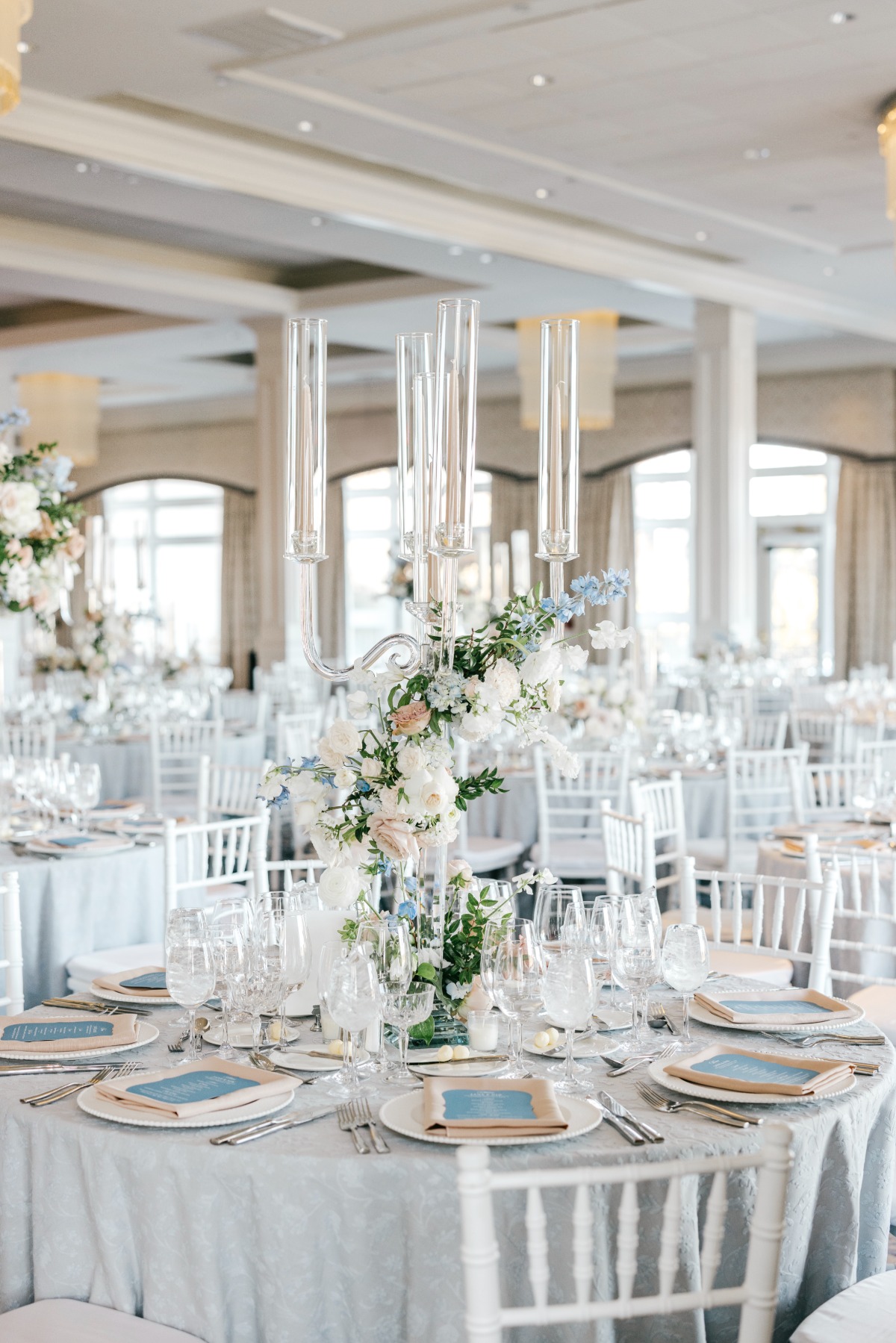 blue ivory and peach floral arrangements