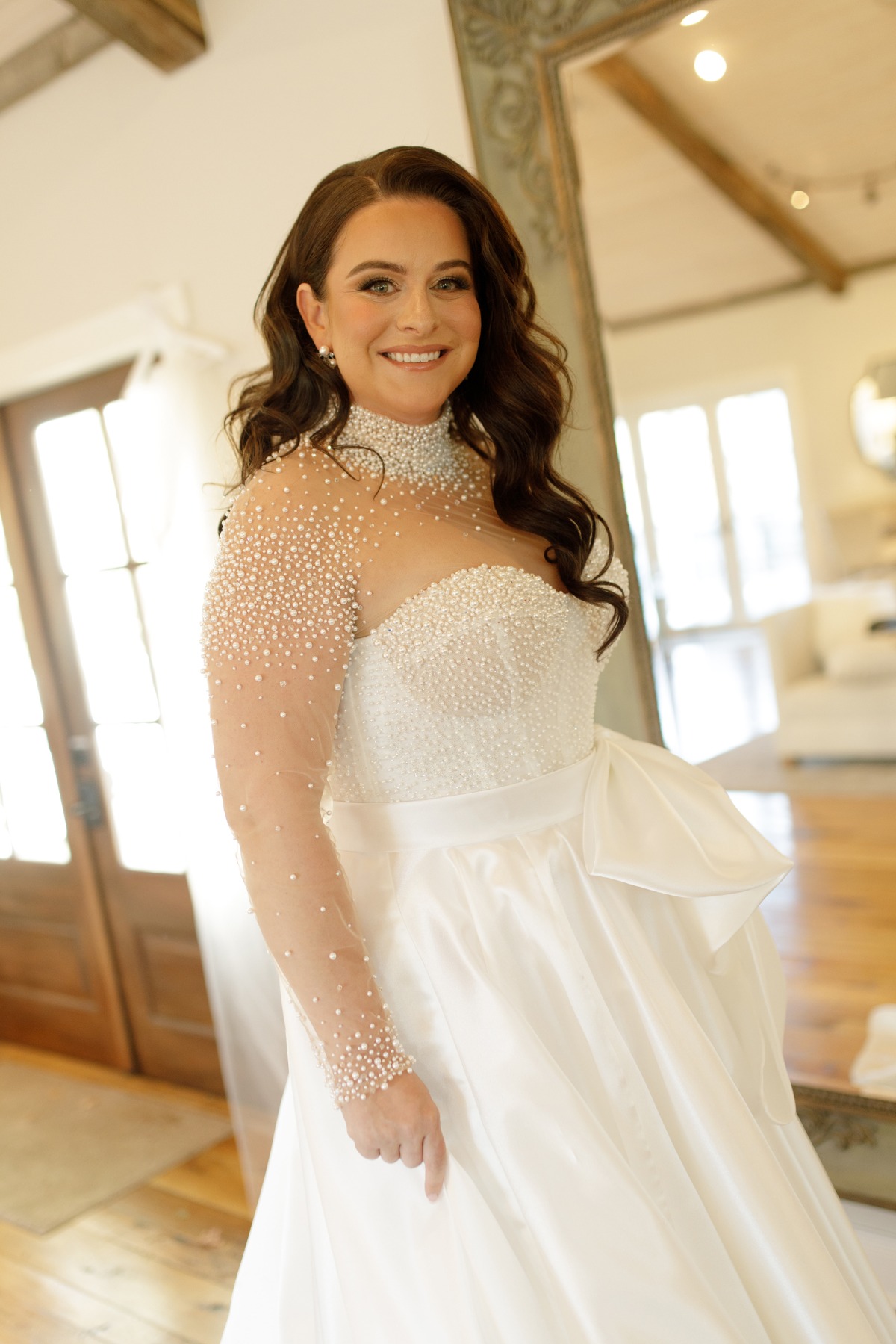 long sleeve pearl beaded dress
