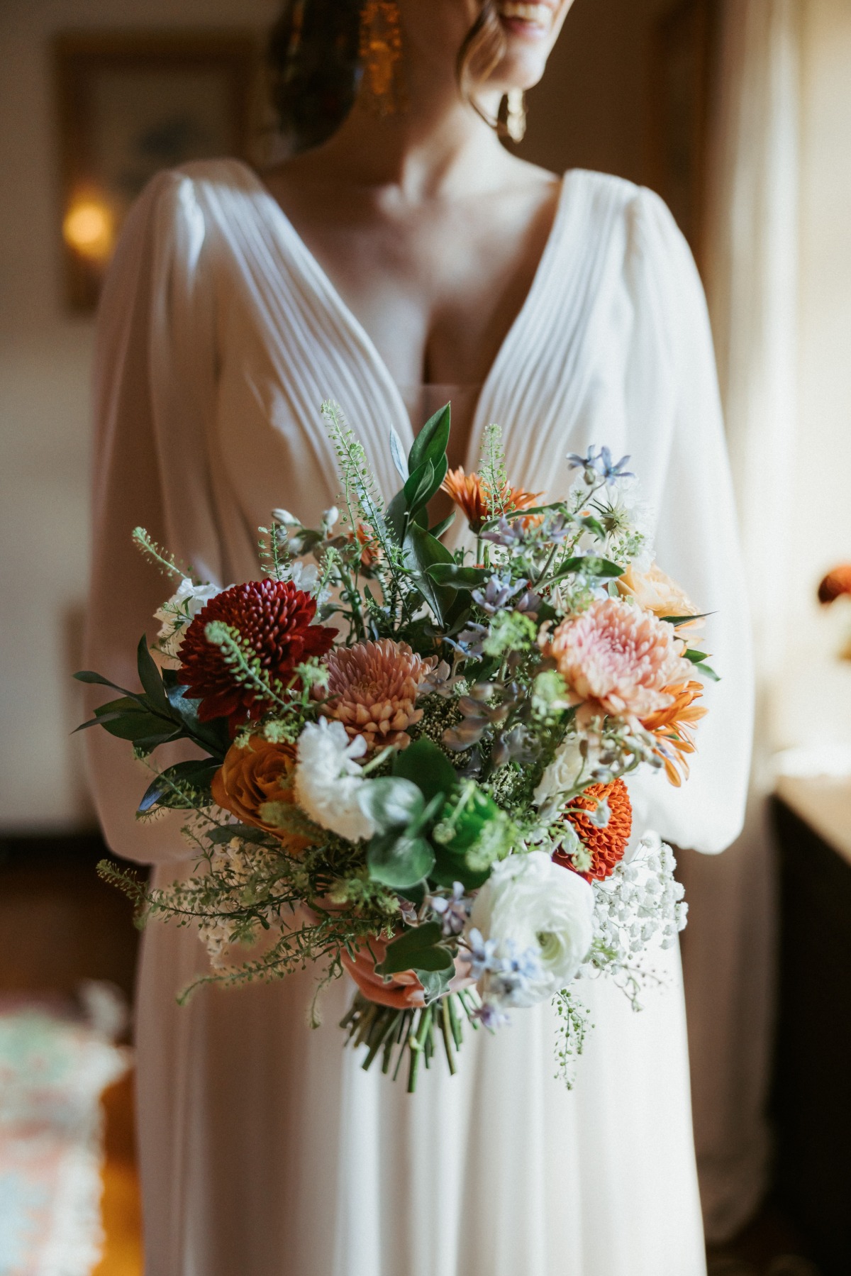 v neck wedding dress with long sleeves