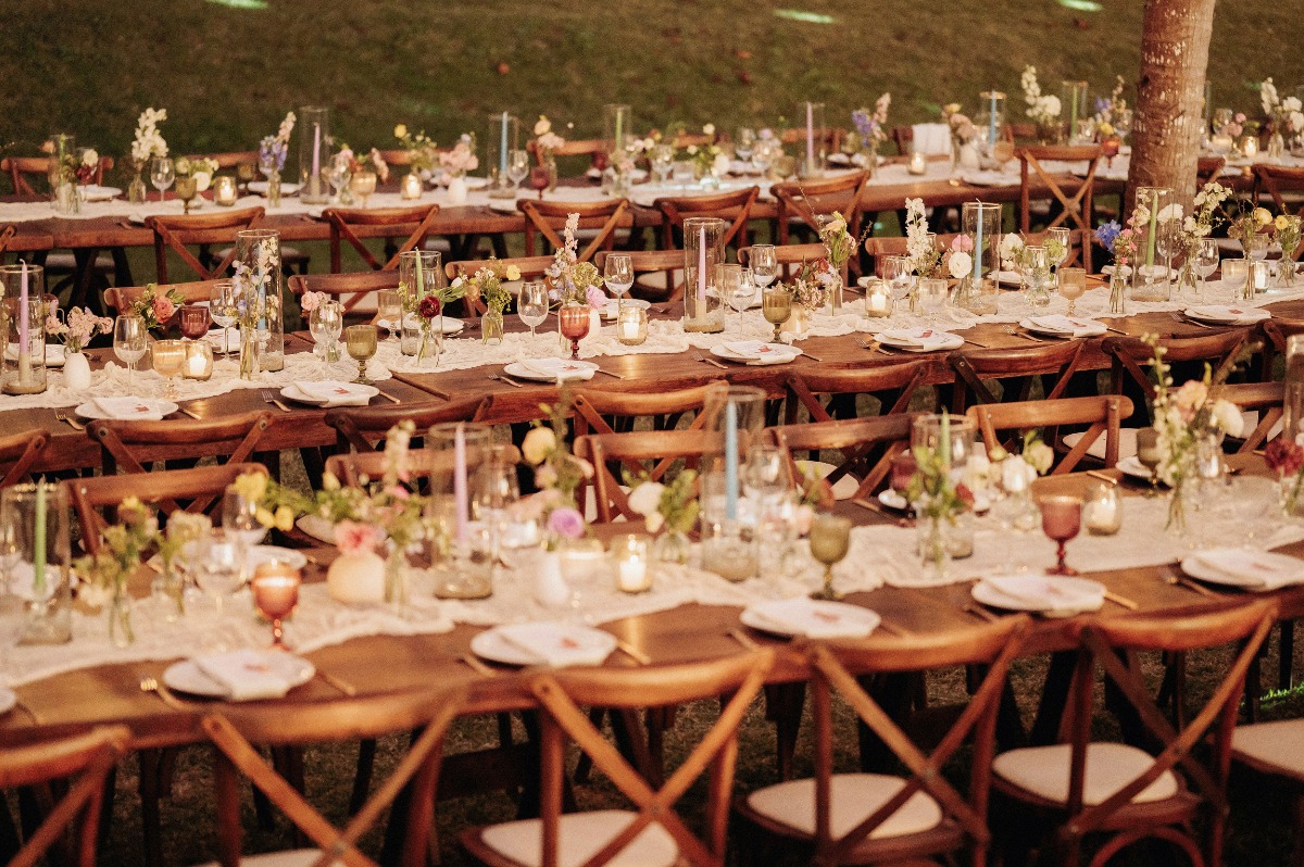 teak and pastel wedding decor