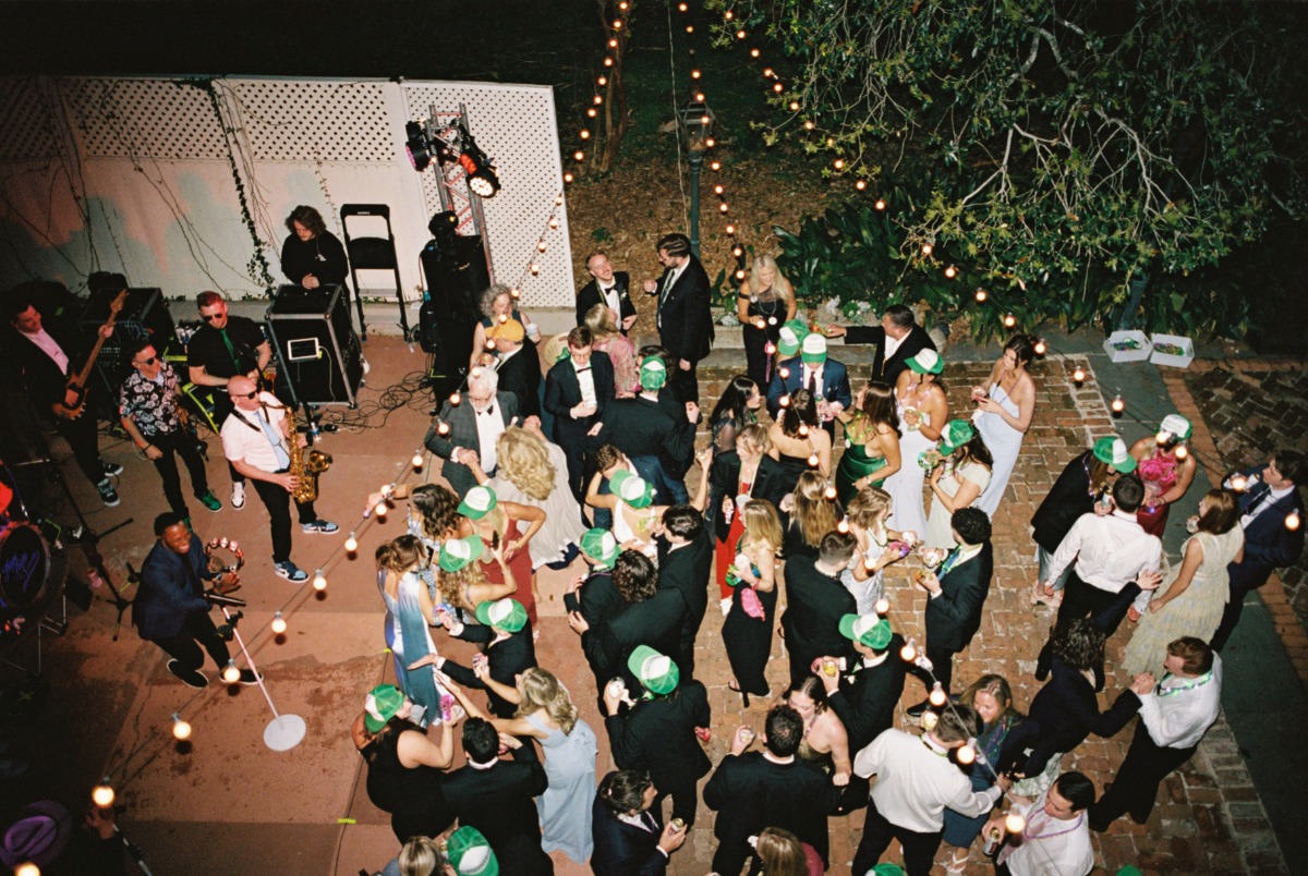 rental dance floor with string lights