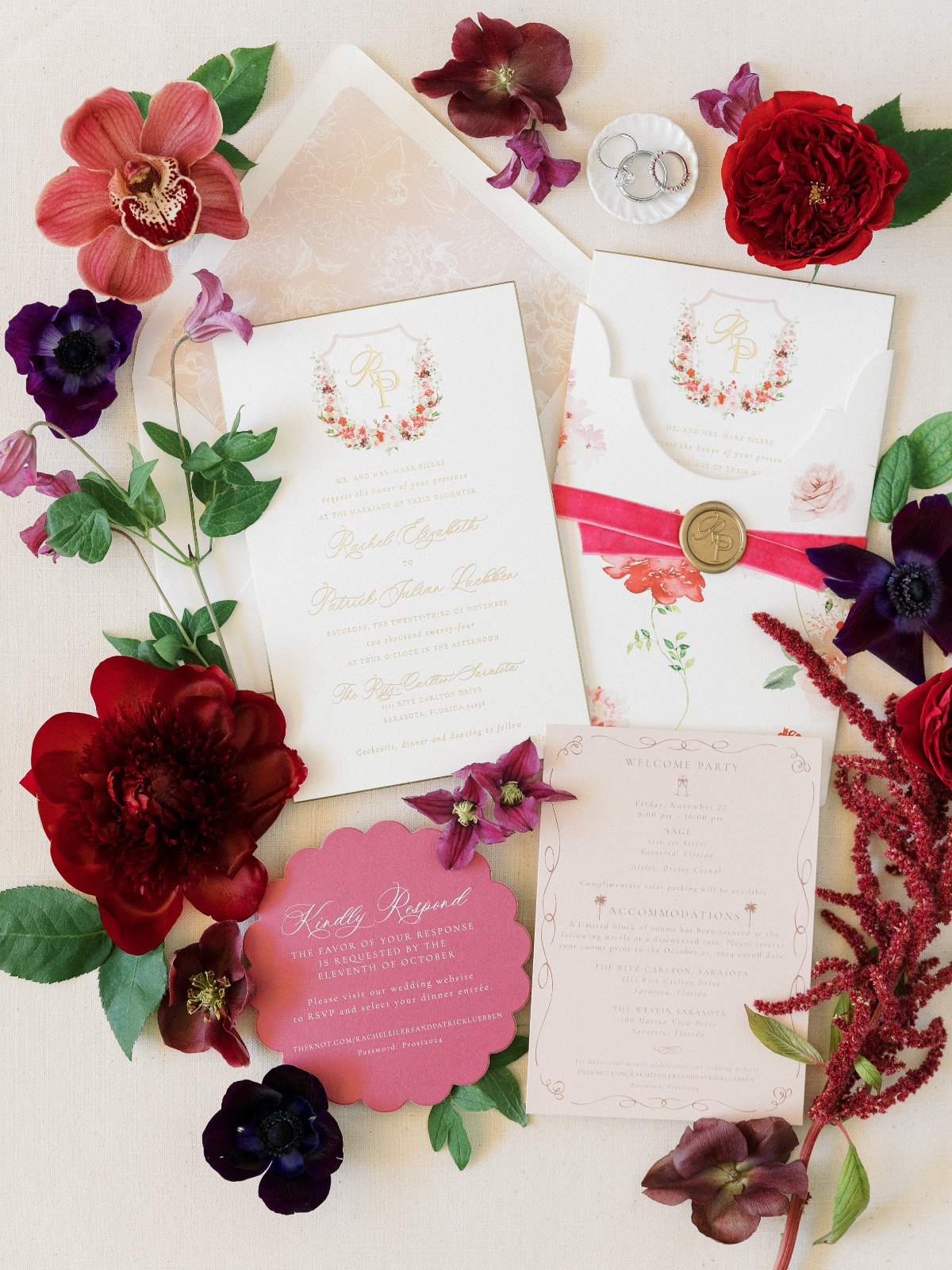 red and pink floral wedding invitation suite