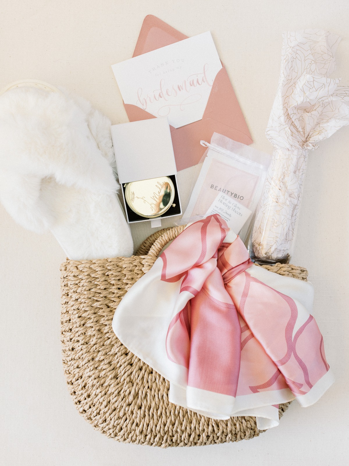 pink and white wedding welcome basket