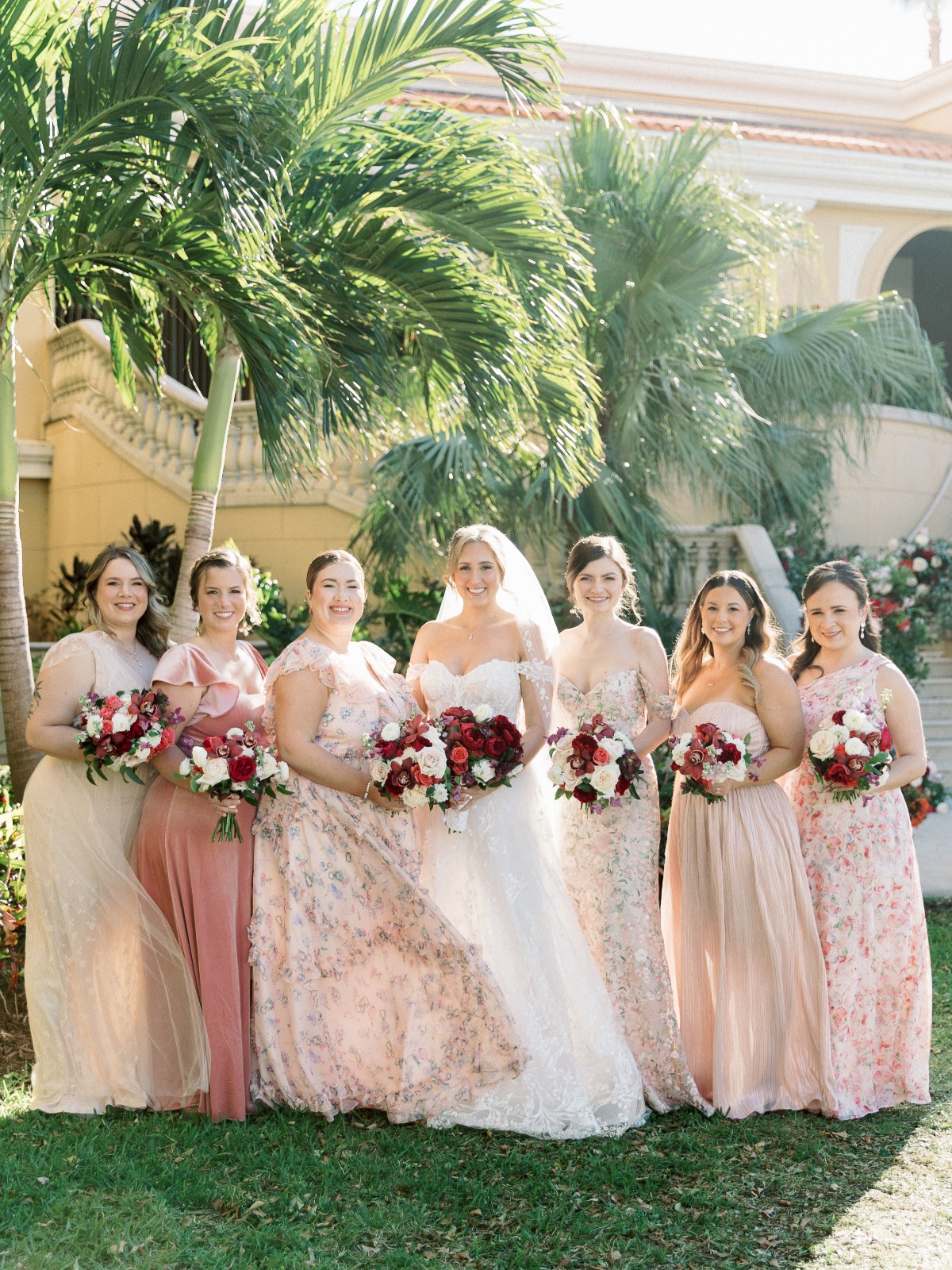 mix and match pink floral bridesmad dresses