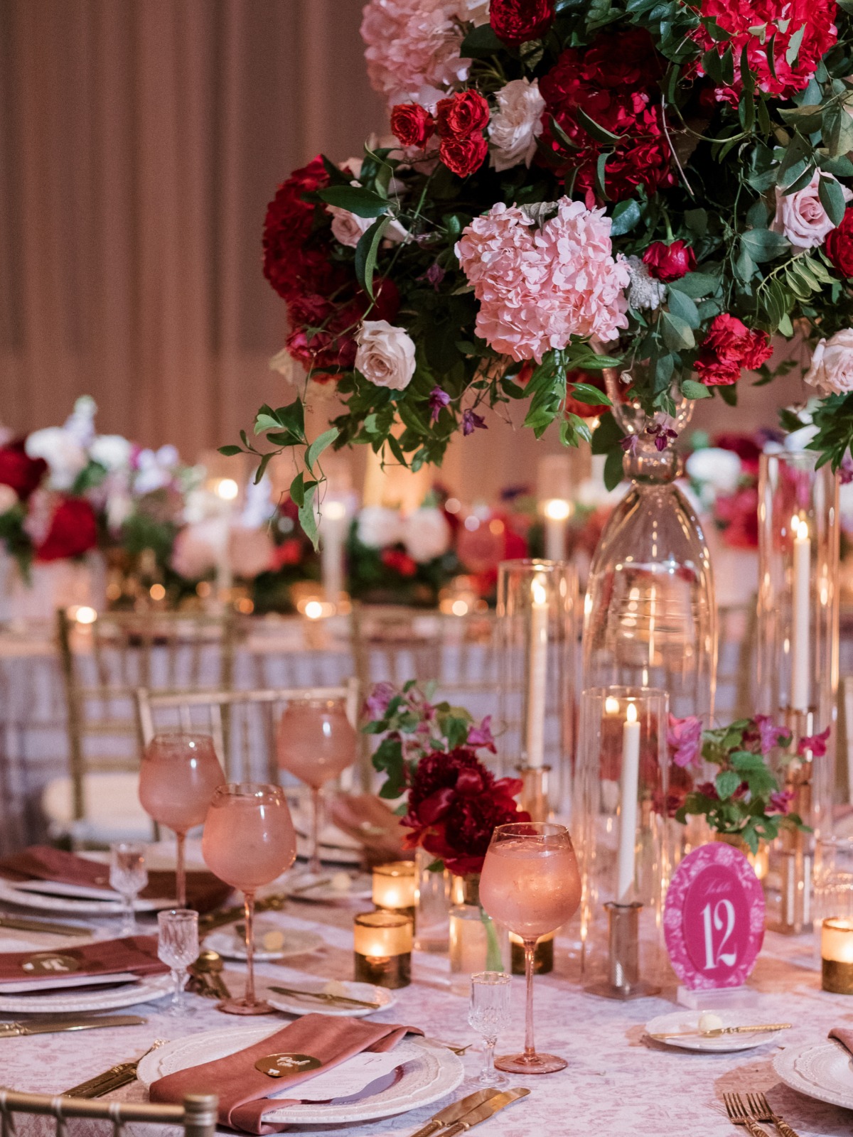red rose and pink hydrangea centerpieces