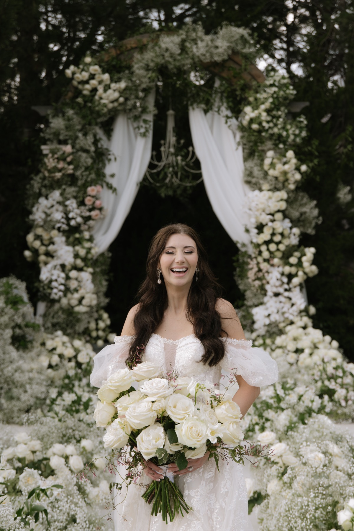 romantic wedding gown with puffy off the shoulder sleeves