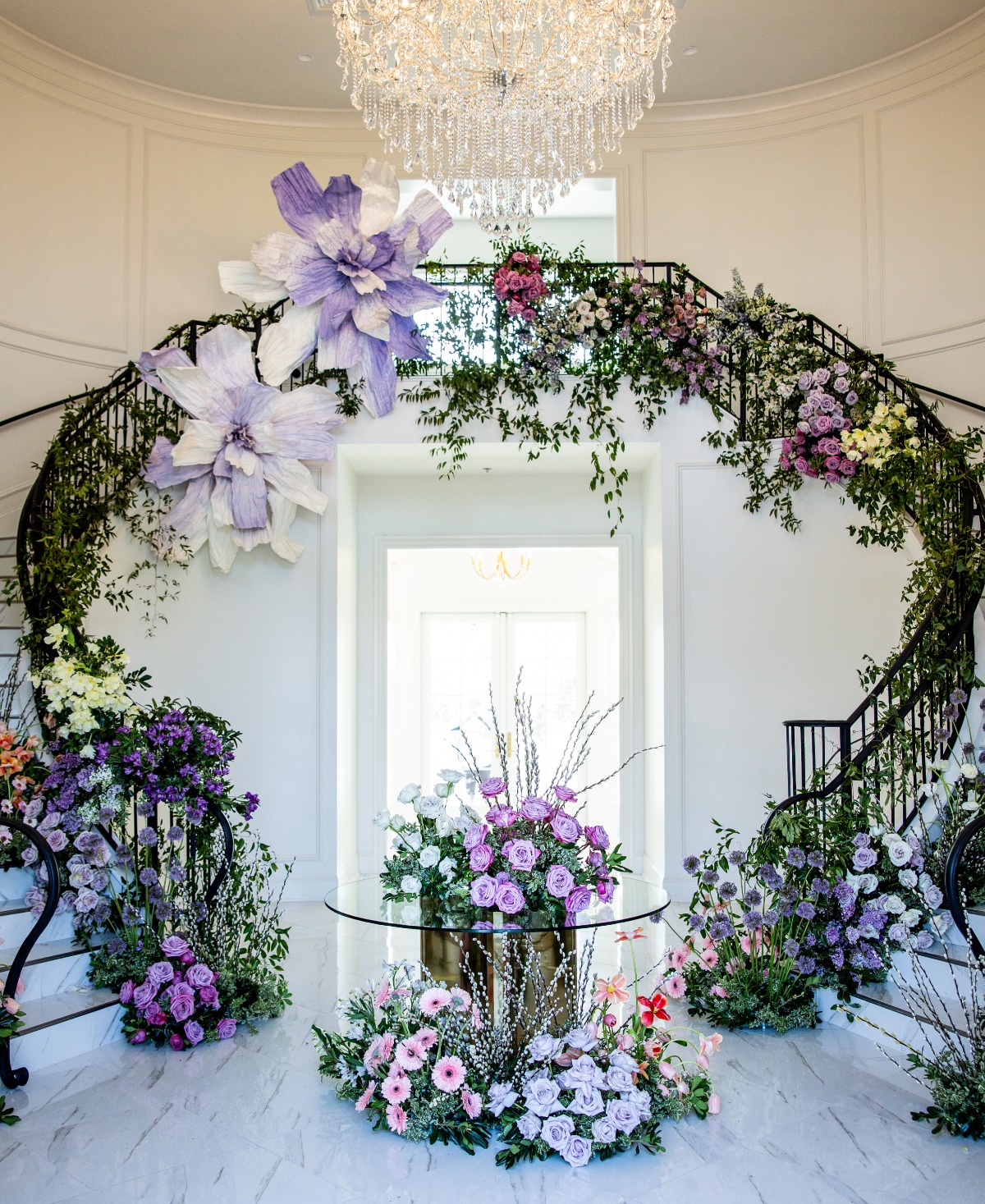 grand staircase floral installation