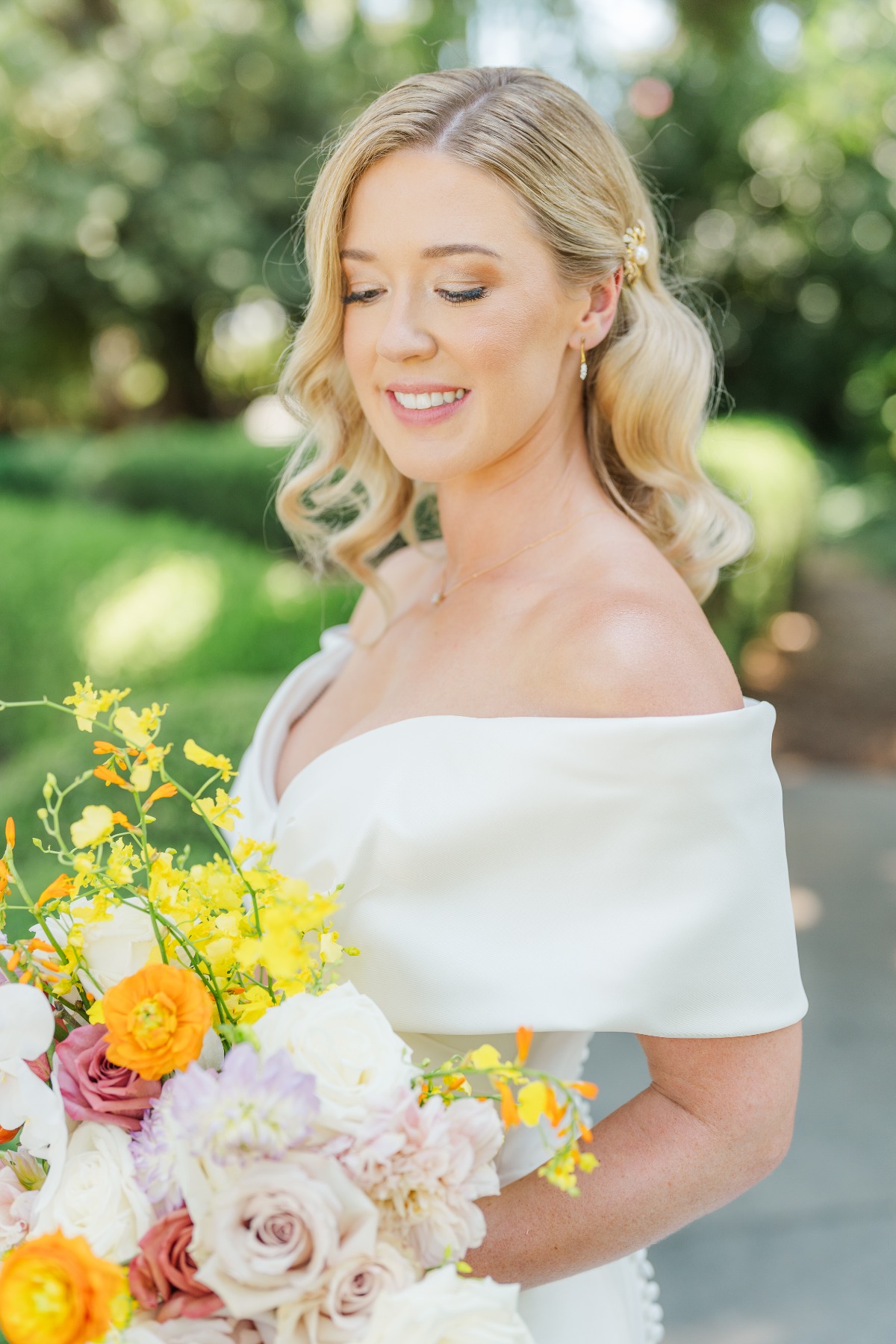 off the shoulder wedding gown