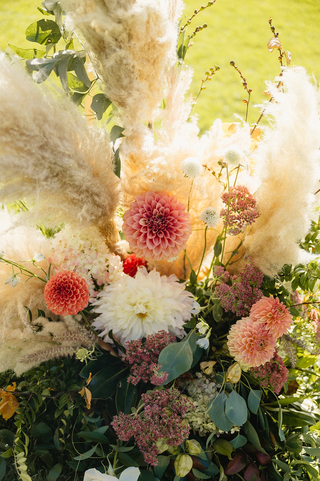 dahlia and dried flower wedding floral arrangements