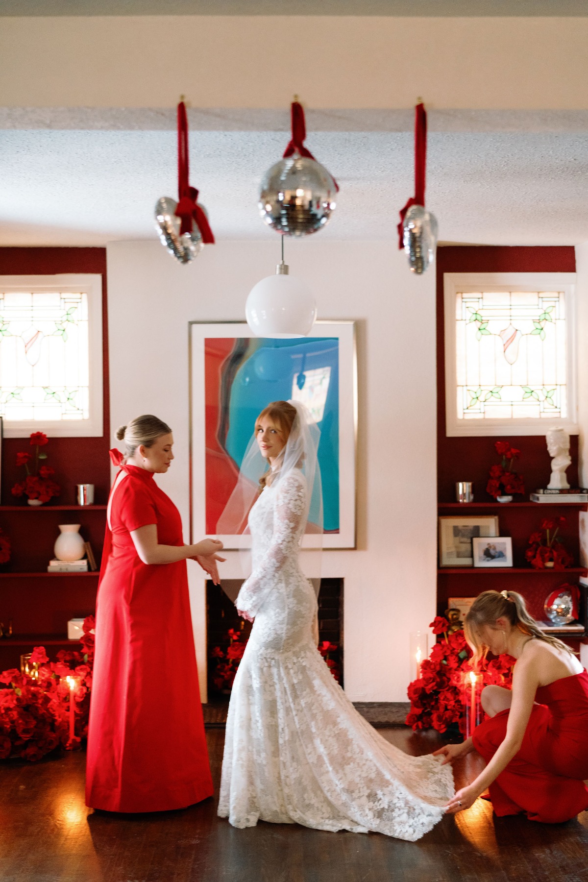 bridesmaids in red dresses