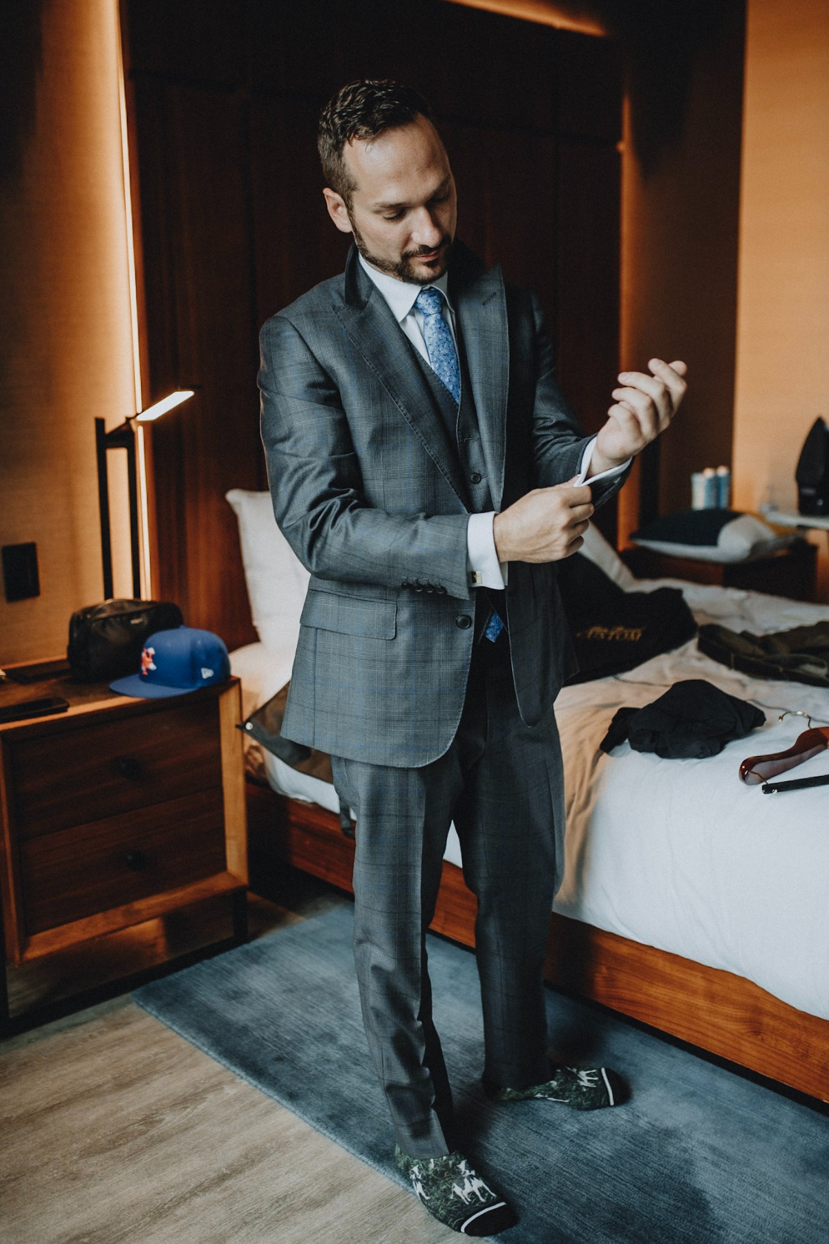 classic gray suit and paisley tie