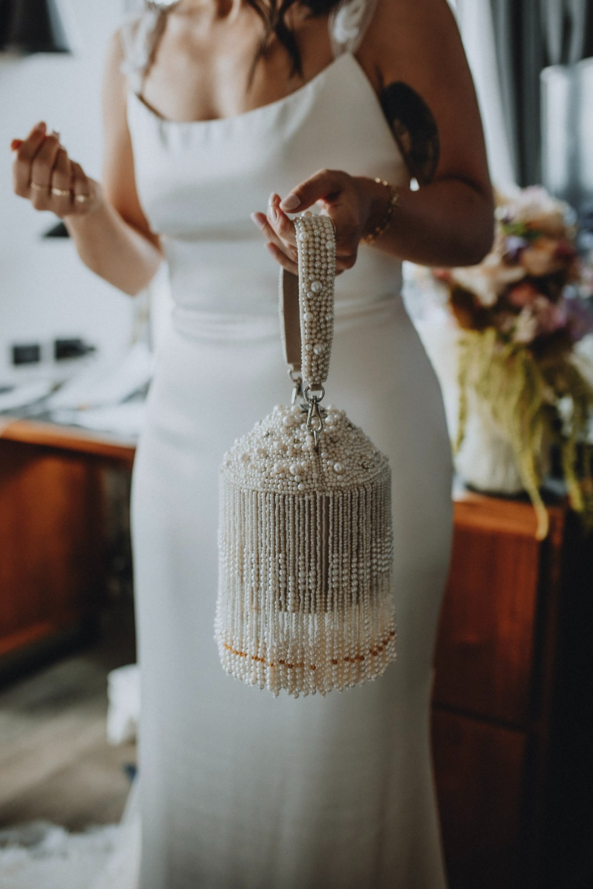 hanging beaded bridal purse