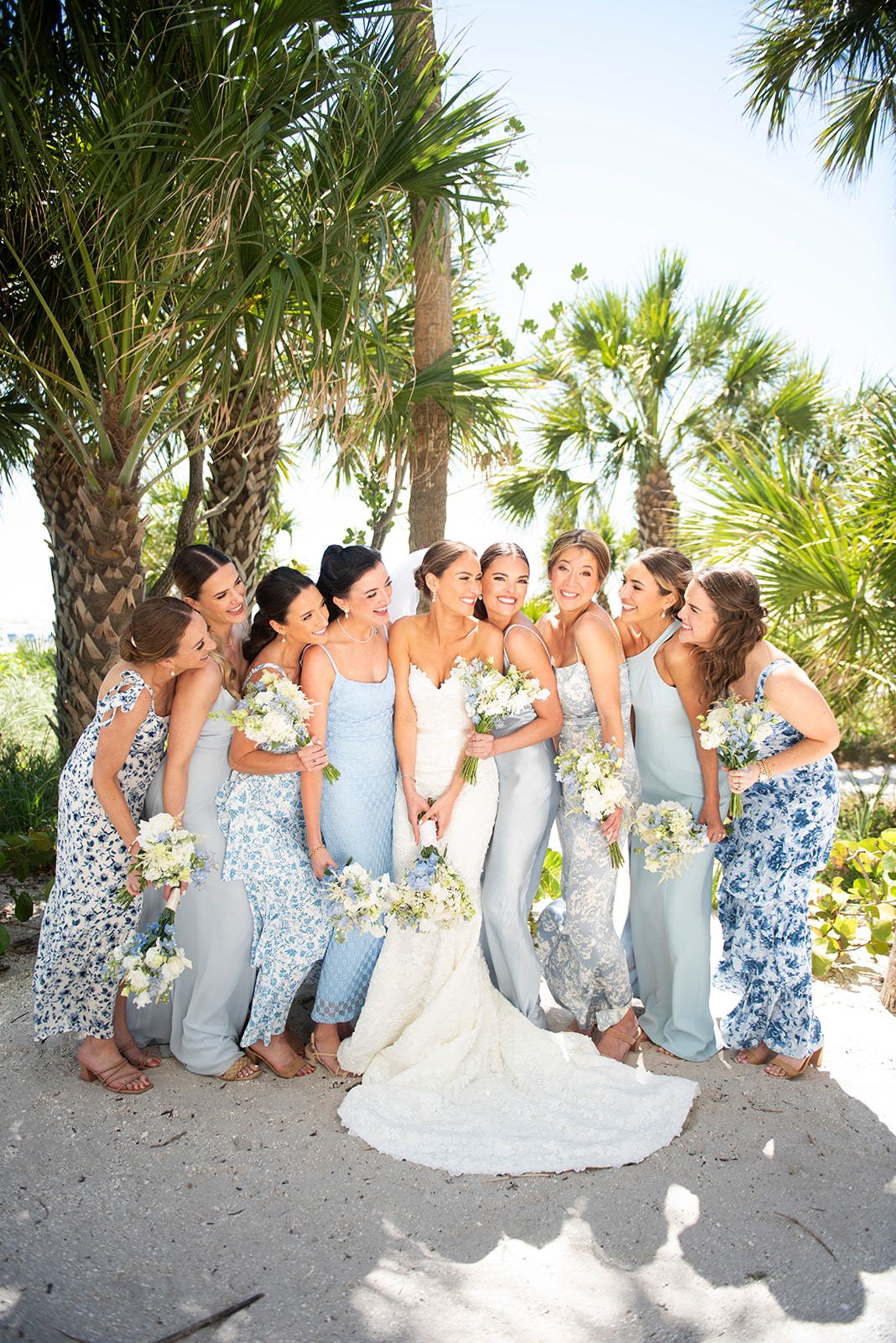 blue and white printed bridesmaid dresses