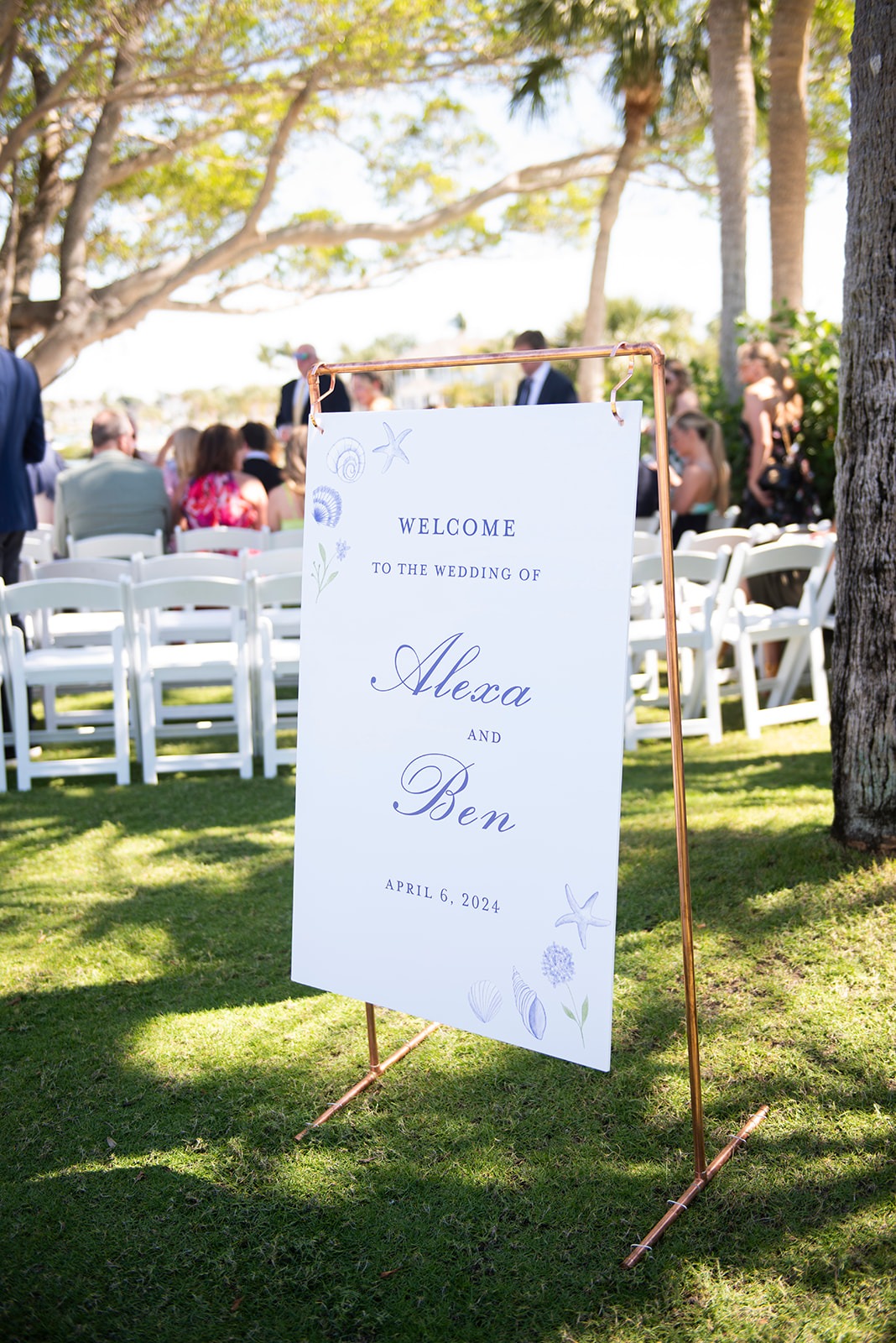 simple blue and white wedding sign