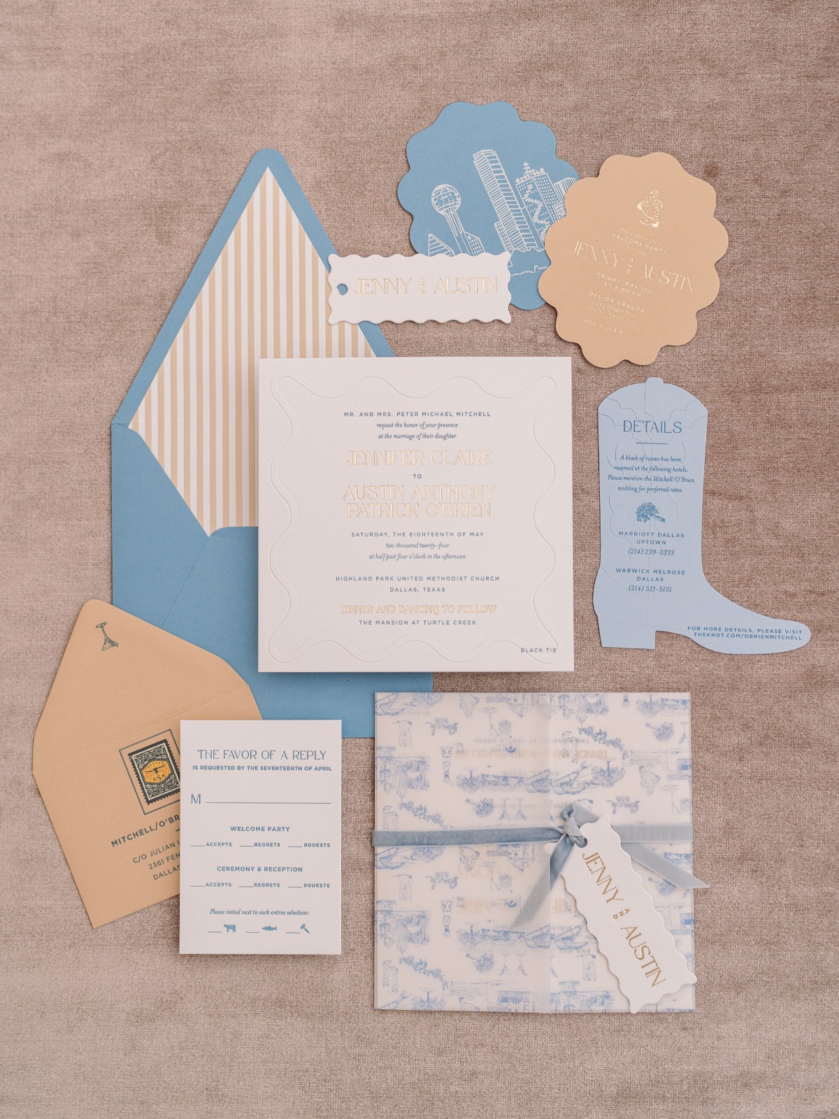 blue and peach wedding stationery suite