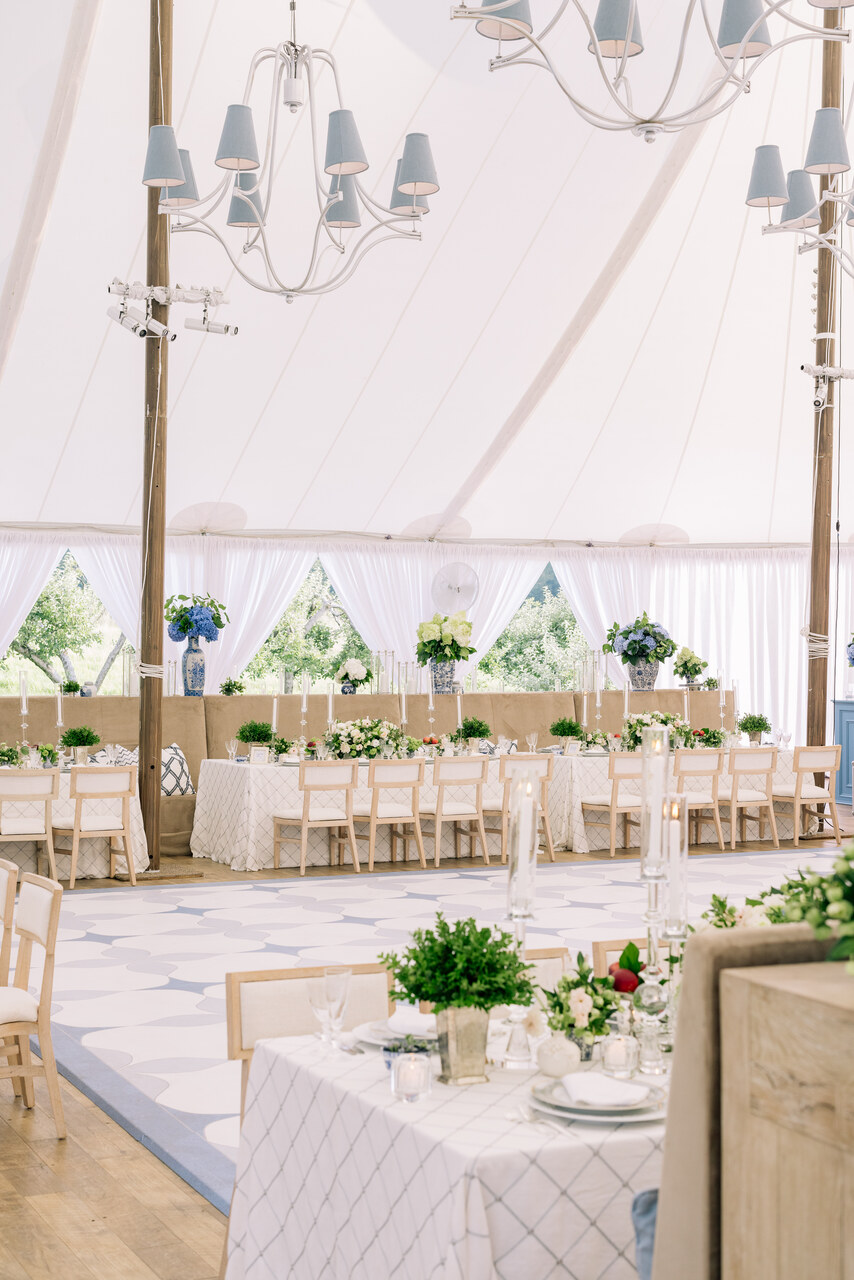 custom blue and white dance floor for wedding