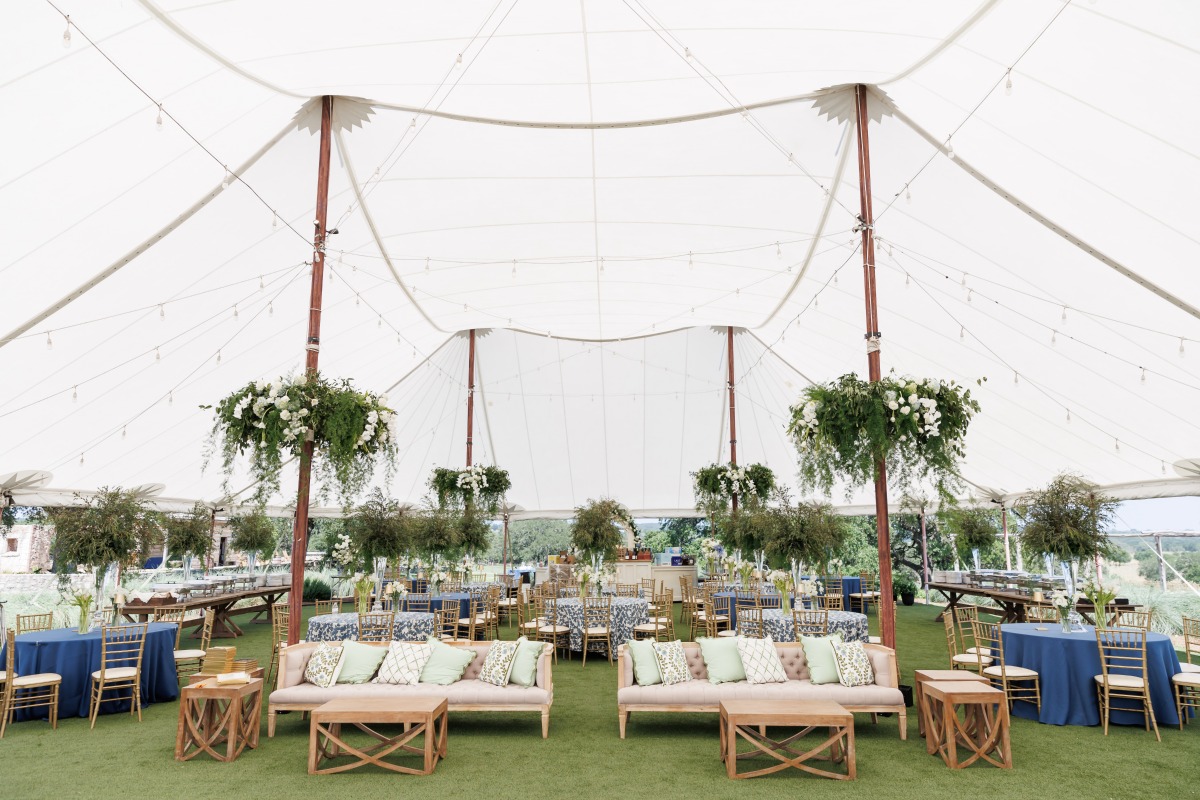 white blue and green tented wedding reception