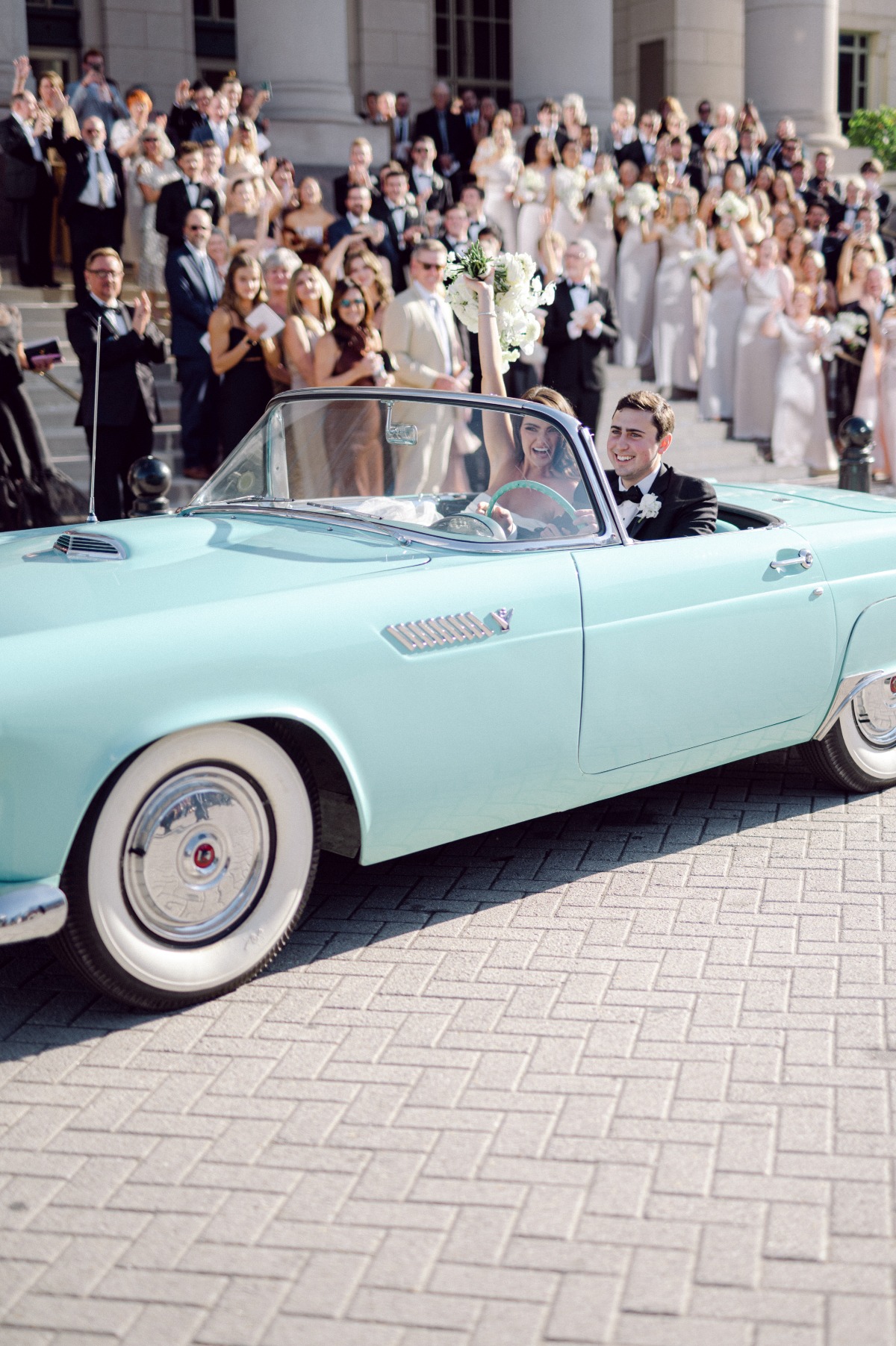 blue vintage getaway car rental for wedding