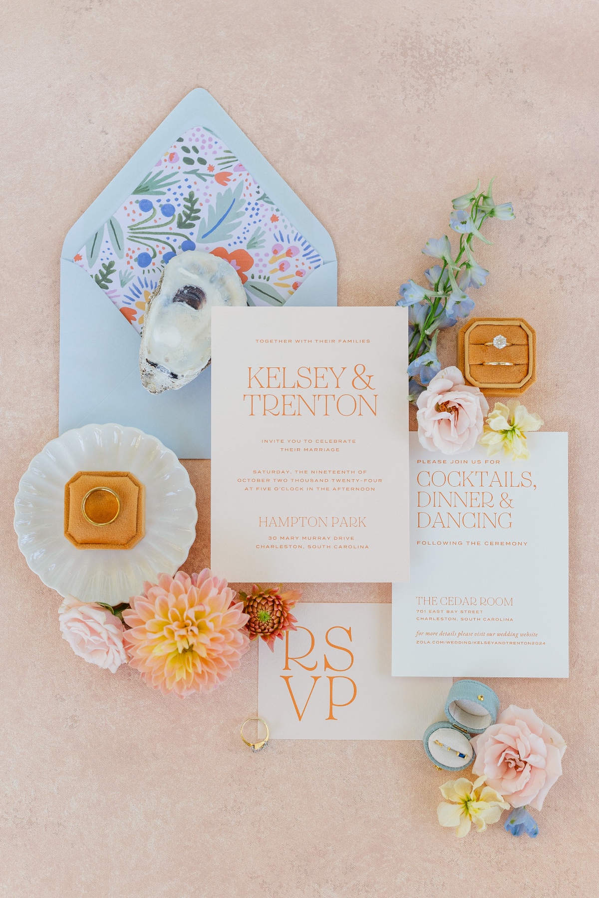 blue and peach invitation suite