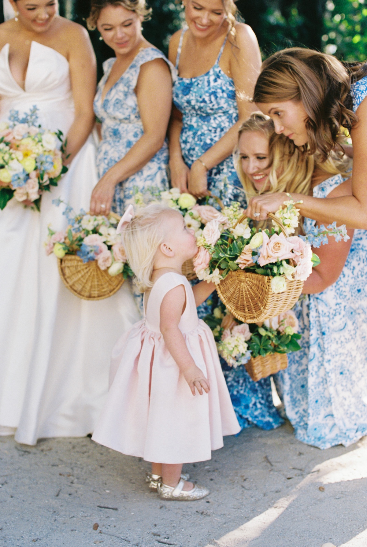 mix and match blue floral bridesmaid dresses