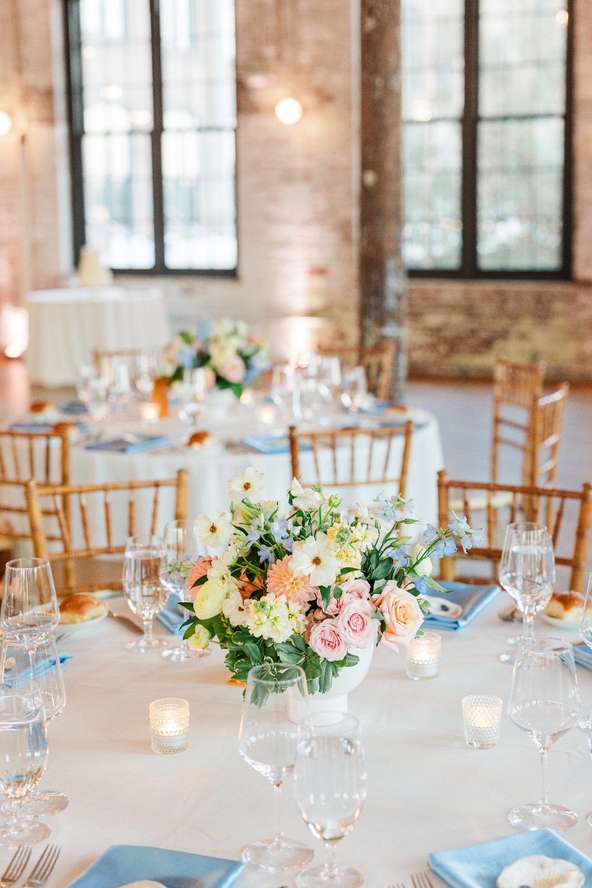 peach and blue wedding reception centerpieces