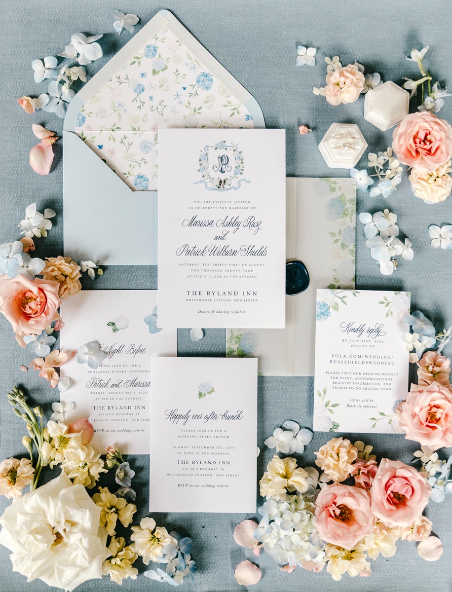 blue and white floral invitations