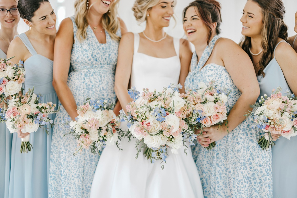 blue and white floral bridesmaid dresses