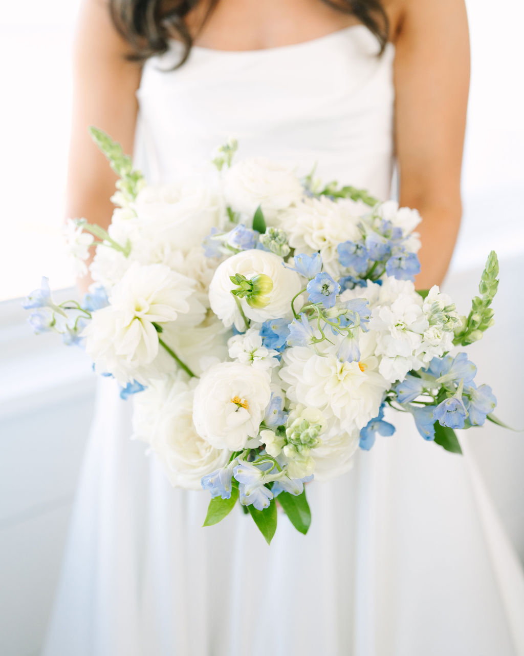 white anemone and blue bouquet