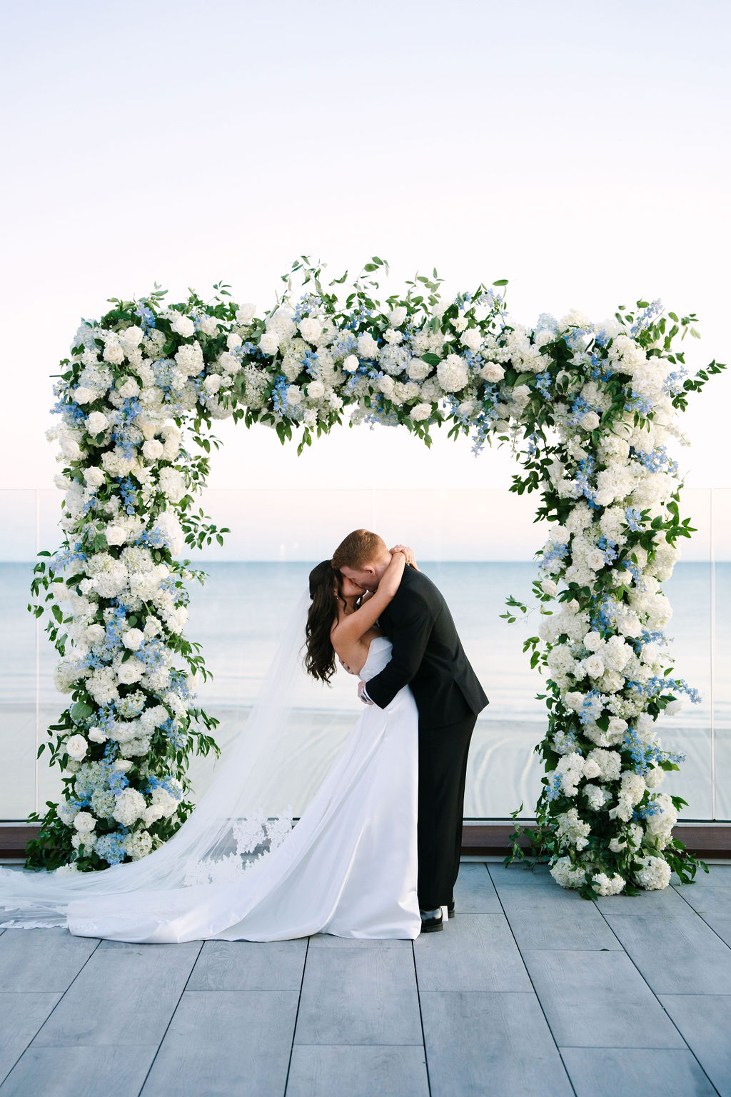 blue and white hydrangea floral arch