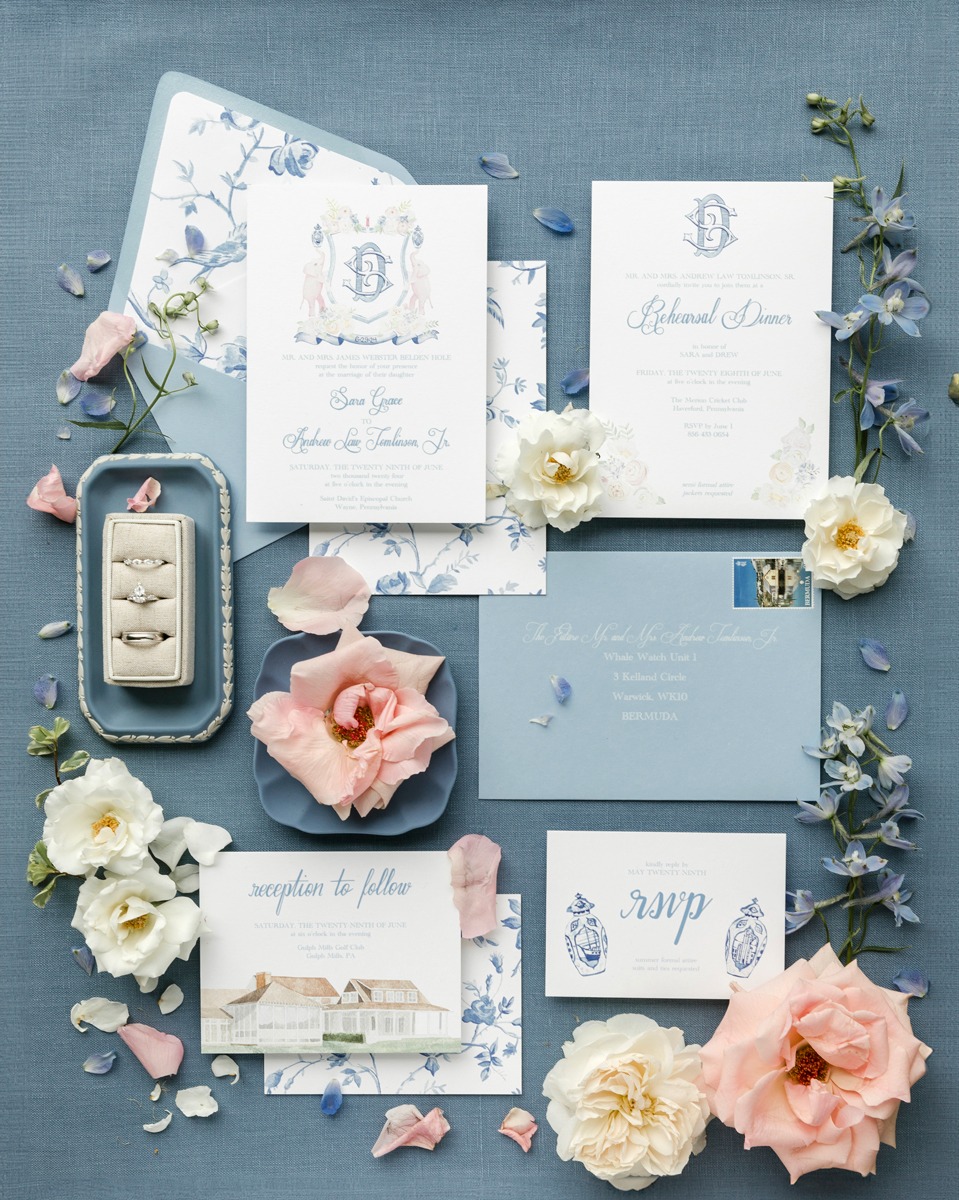 blue and pink custom watercolor wedding invitations